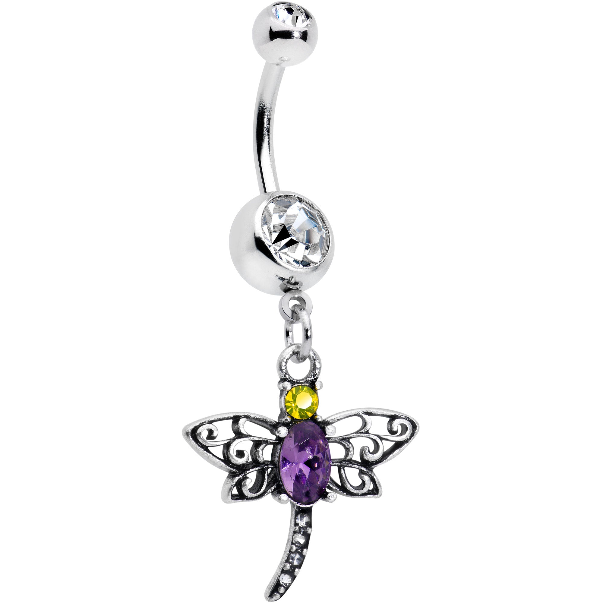 Clear Yellow Purple Gem Dragonfly Dangle Belly Ring