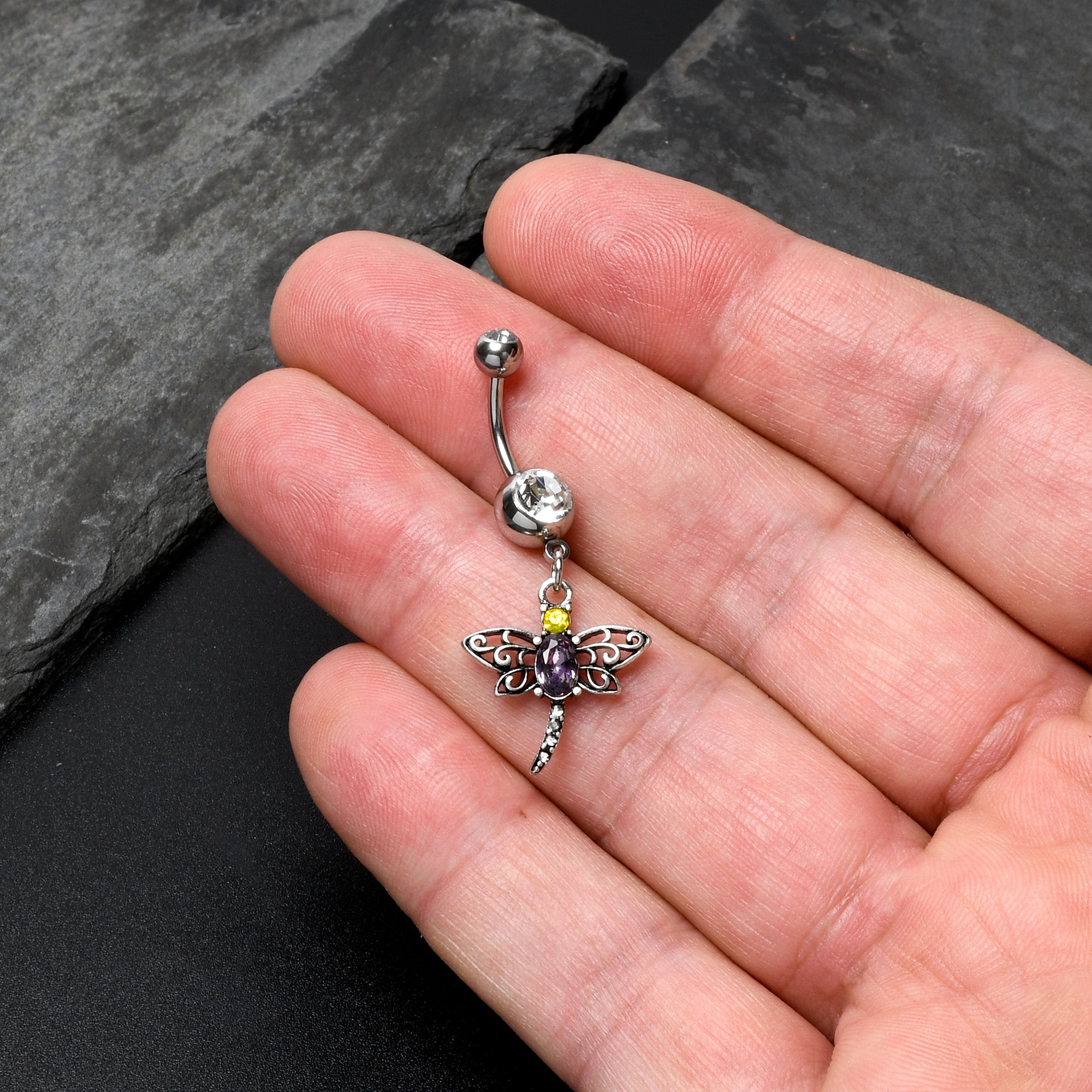 Clear Yellow Purple Gem Dragonfly Dangle Belly Ring