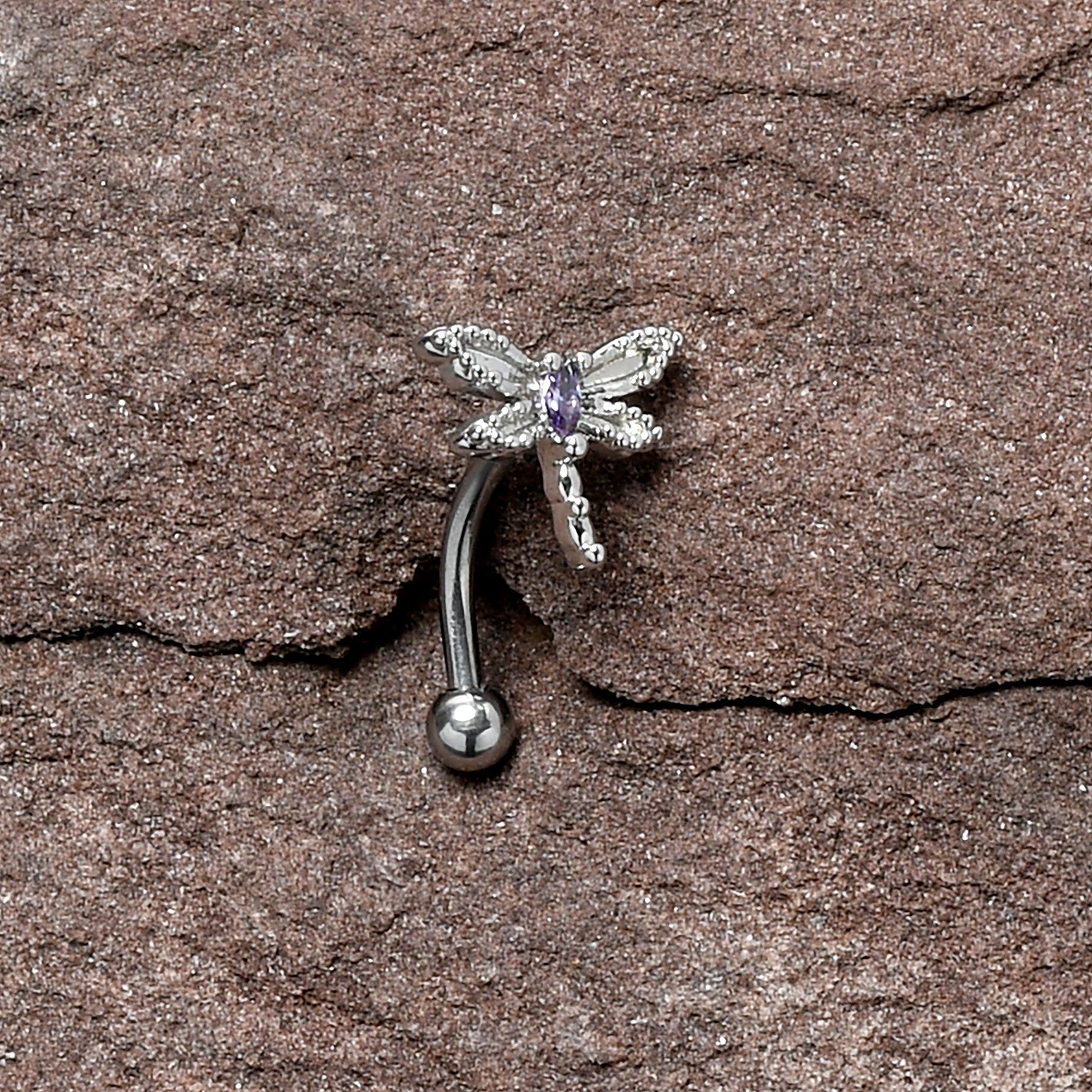 16 Gauge 5/16 Purple CZ Gem Open Dragonfly Curved Eyebrow Ring