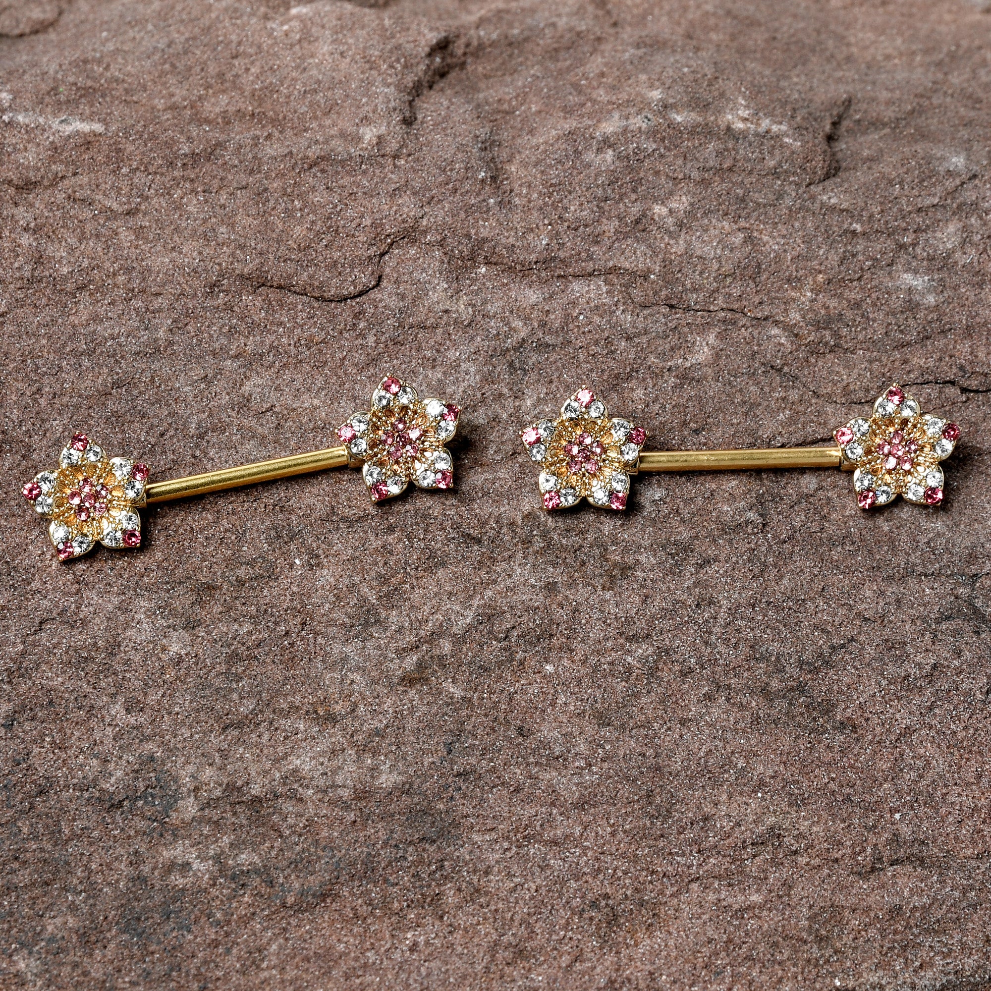 14G 9/16 Pink Gem Gold Tone Texture Star Barbell Nipple Ring Set
