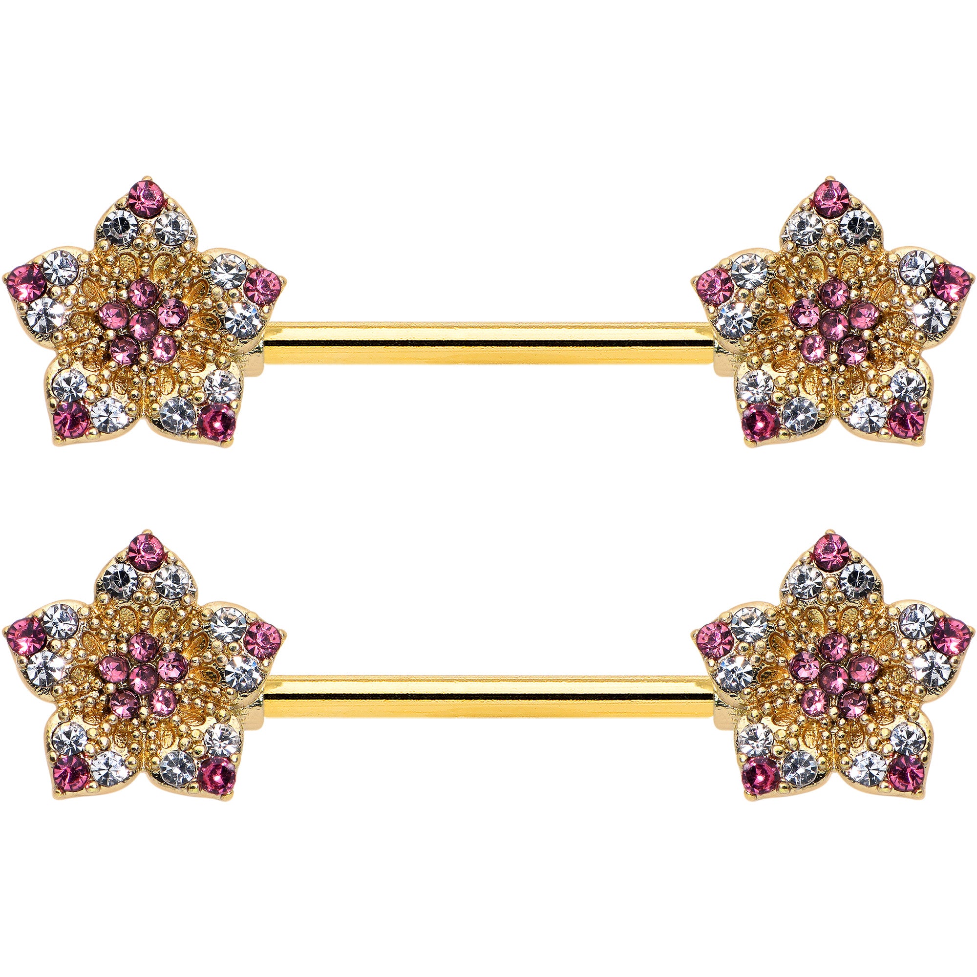 14G 9/16 Pink Gem Gold Tone Texture Star Barbell Nipple Ring Set