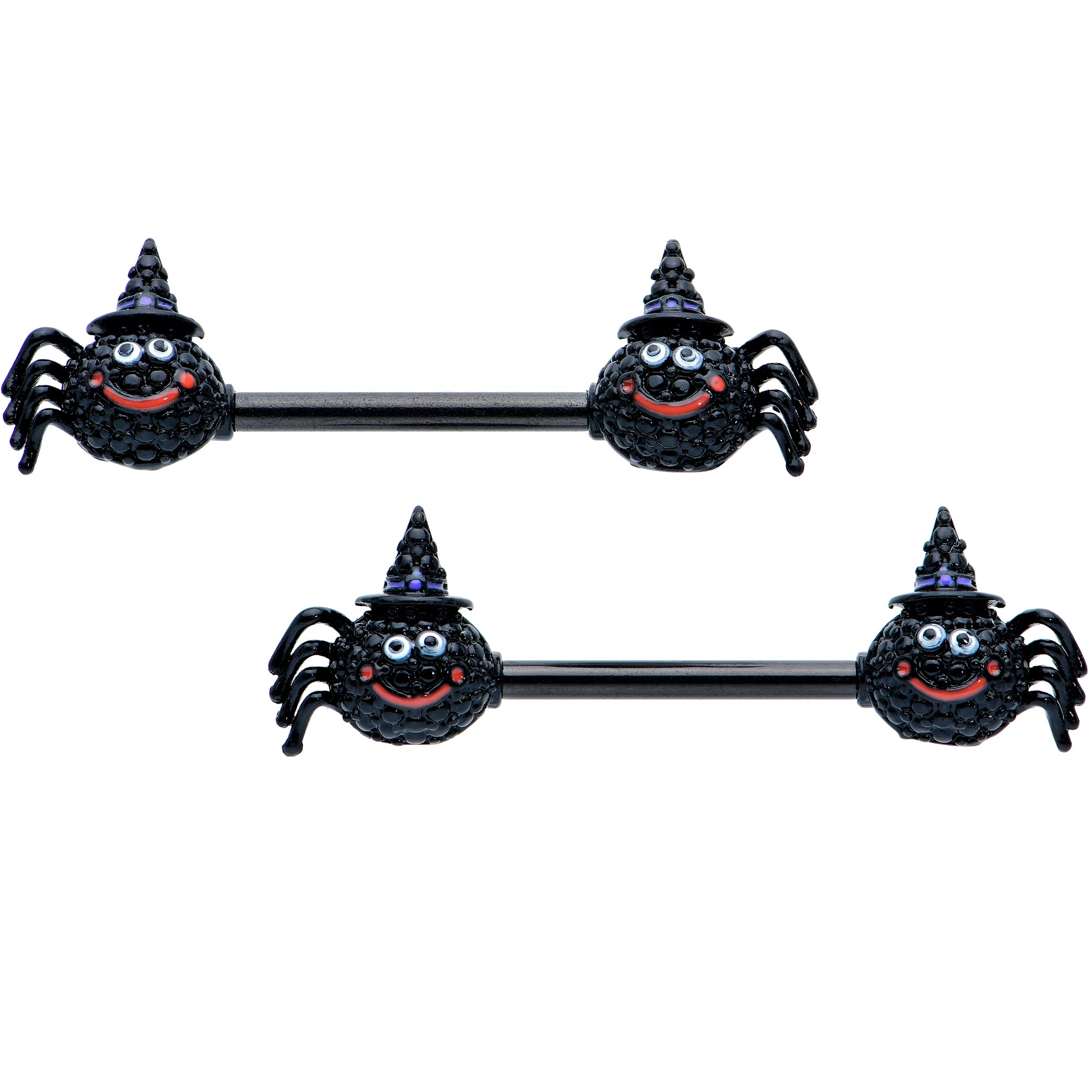 14 Gauge 9/16 Black Halloween Smiling Spider Barbell Nipple Ring Set