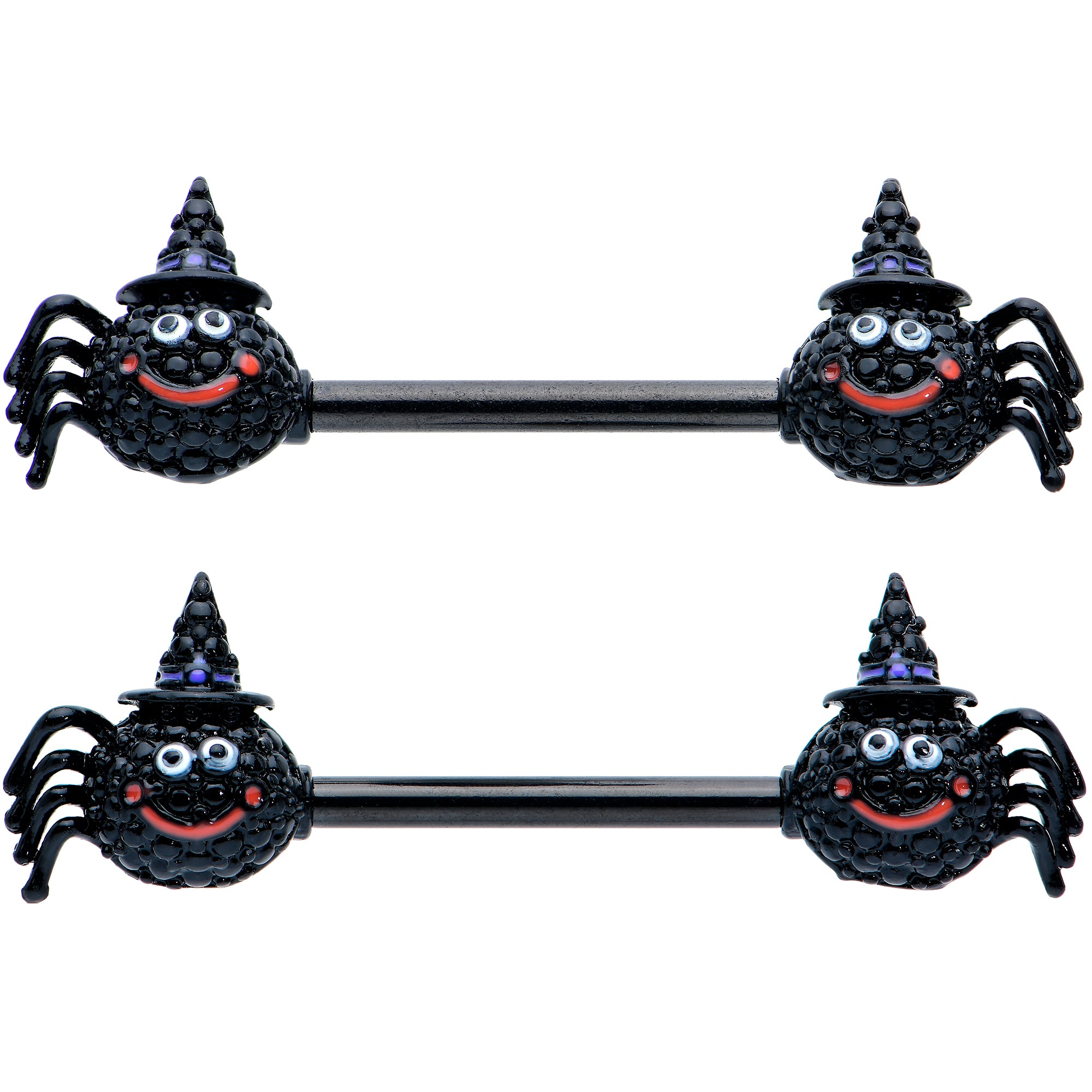 14 Gauge 9/16 Black Halloween Smiling Spider Barbell Nipple Ring Set