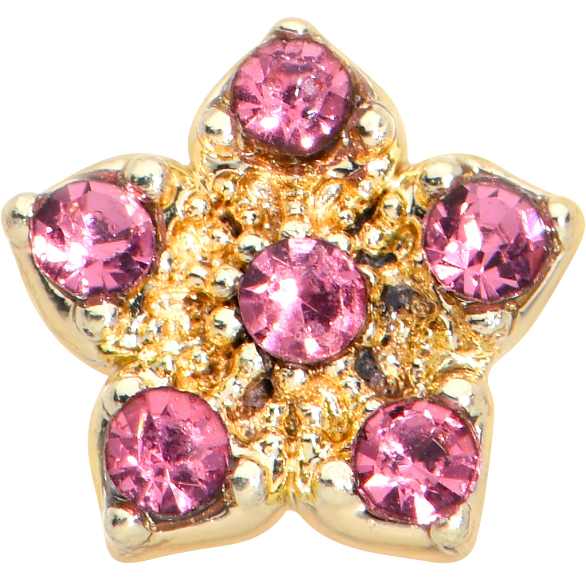 20 Gauge 7mm Pink Gem Gold Tone Texture Star Flower L Shape Nose Ring