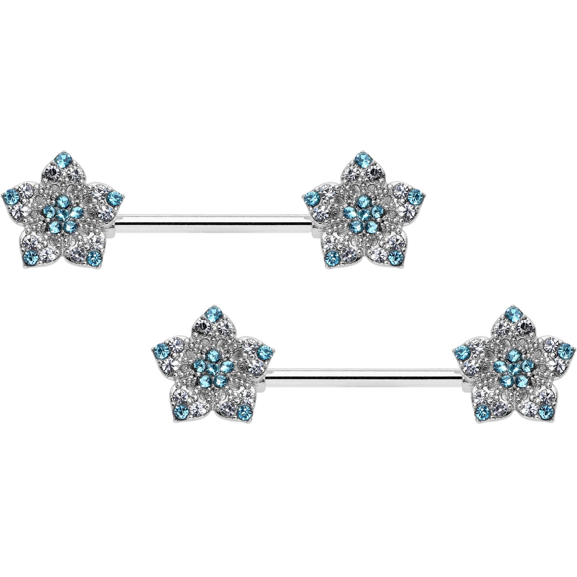 14 Gauge 9/16 Blue Clear Gem Opulent Flowers Barbell Nipple Ring Set