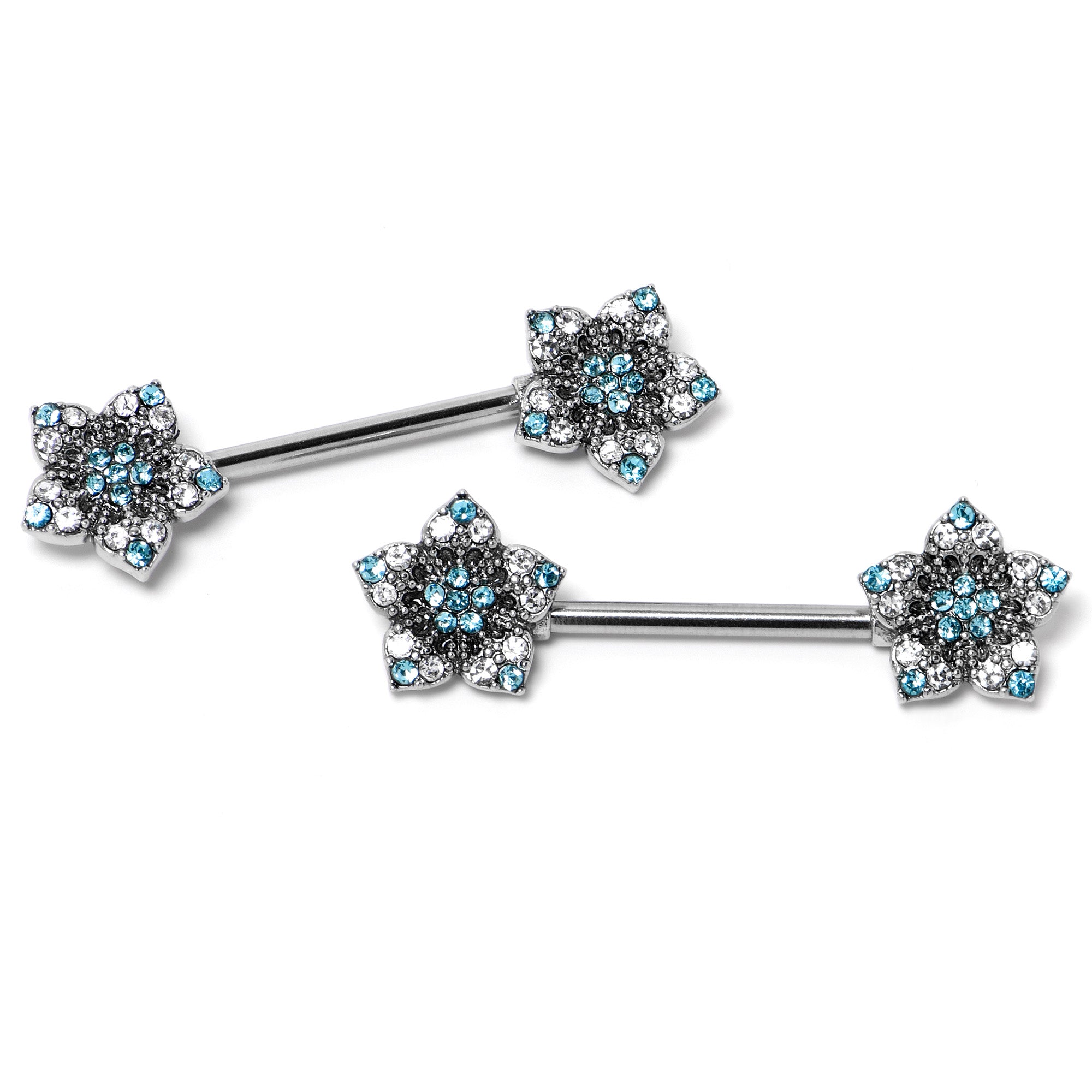 14G 9/16 Blue Clear Gem Opulent Flowers Barbell Nipple Ring Set