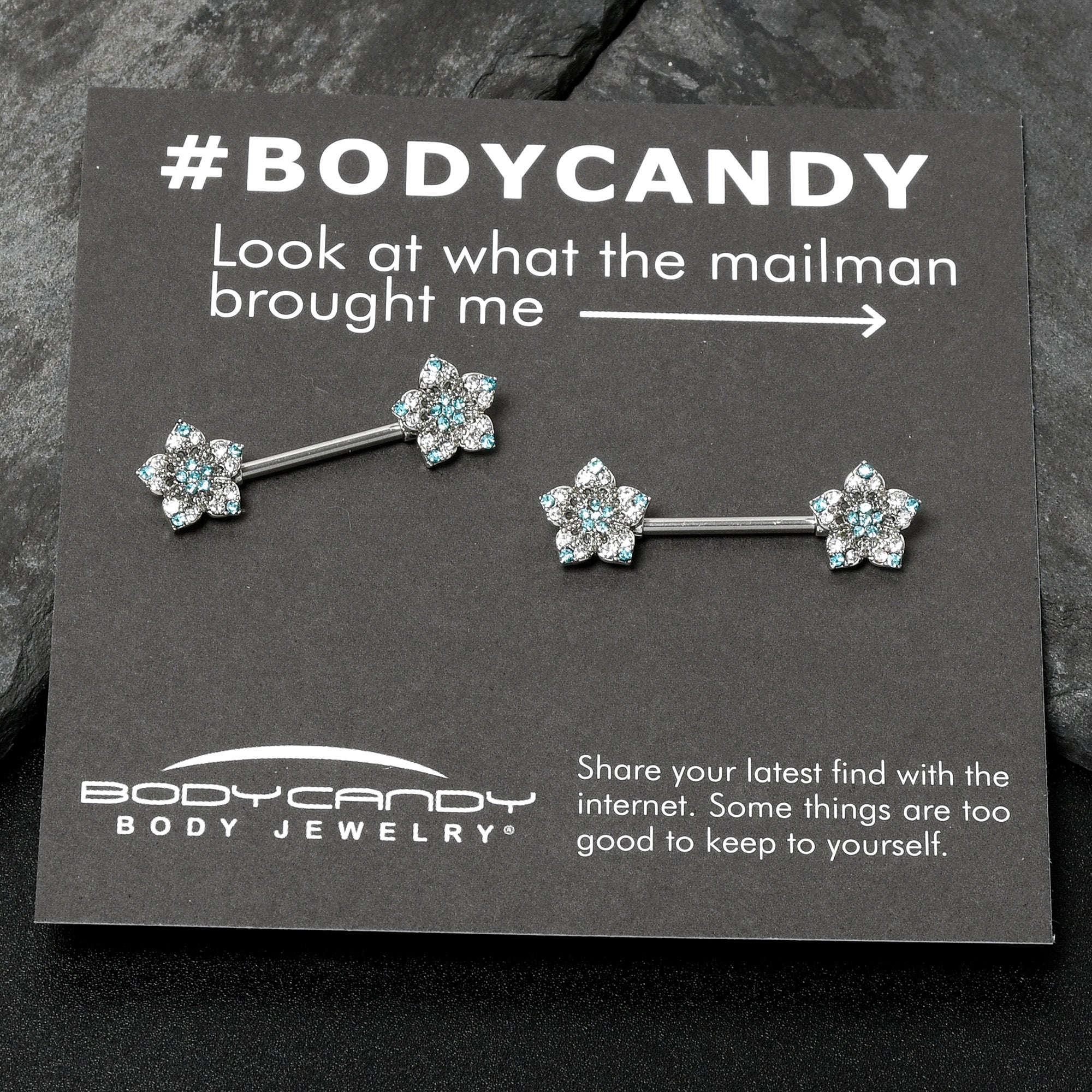 14G 9/16 Blue Clear Gem Opulent Flowers Barbell Nipple Ring Set