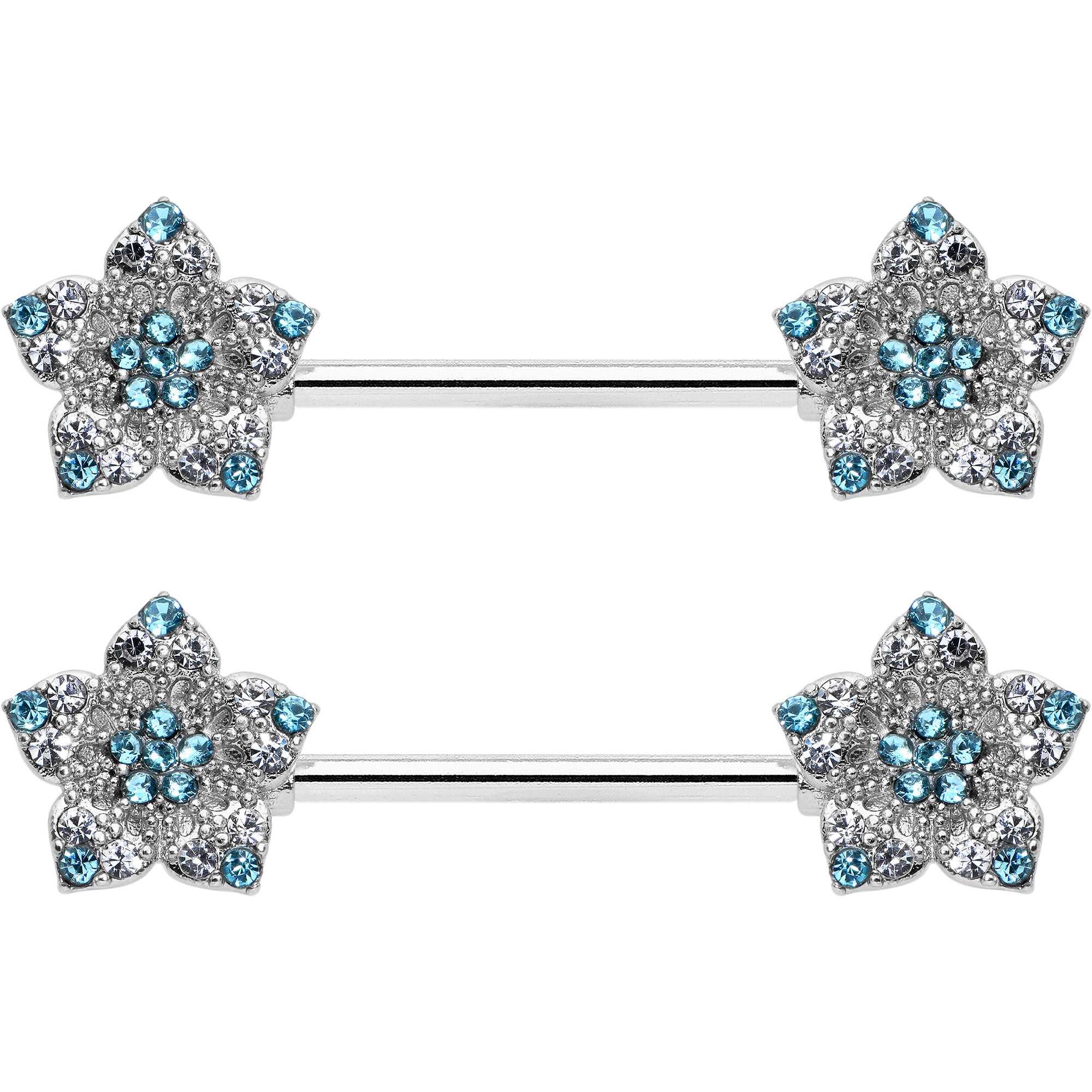 14 Gauge 9/16 Blue Clear Gem Opulent Flowers Barbell Nipple Ring Set