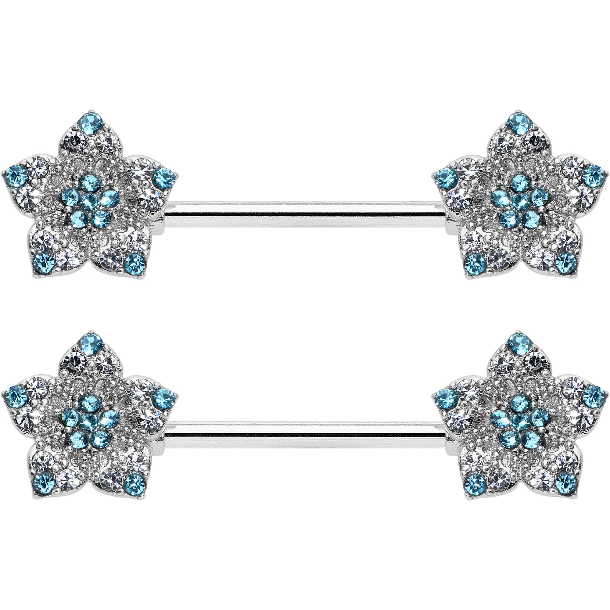 14G 9/16 Blue Clear Gem Opulent Flowers Barbell Nipple Ring Set