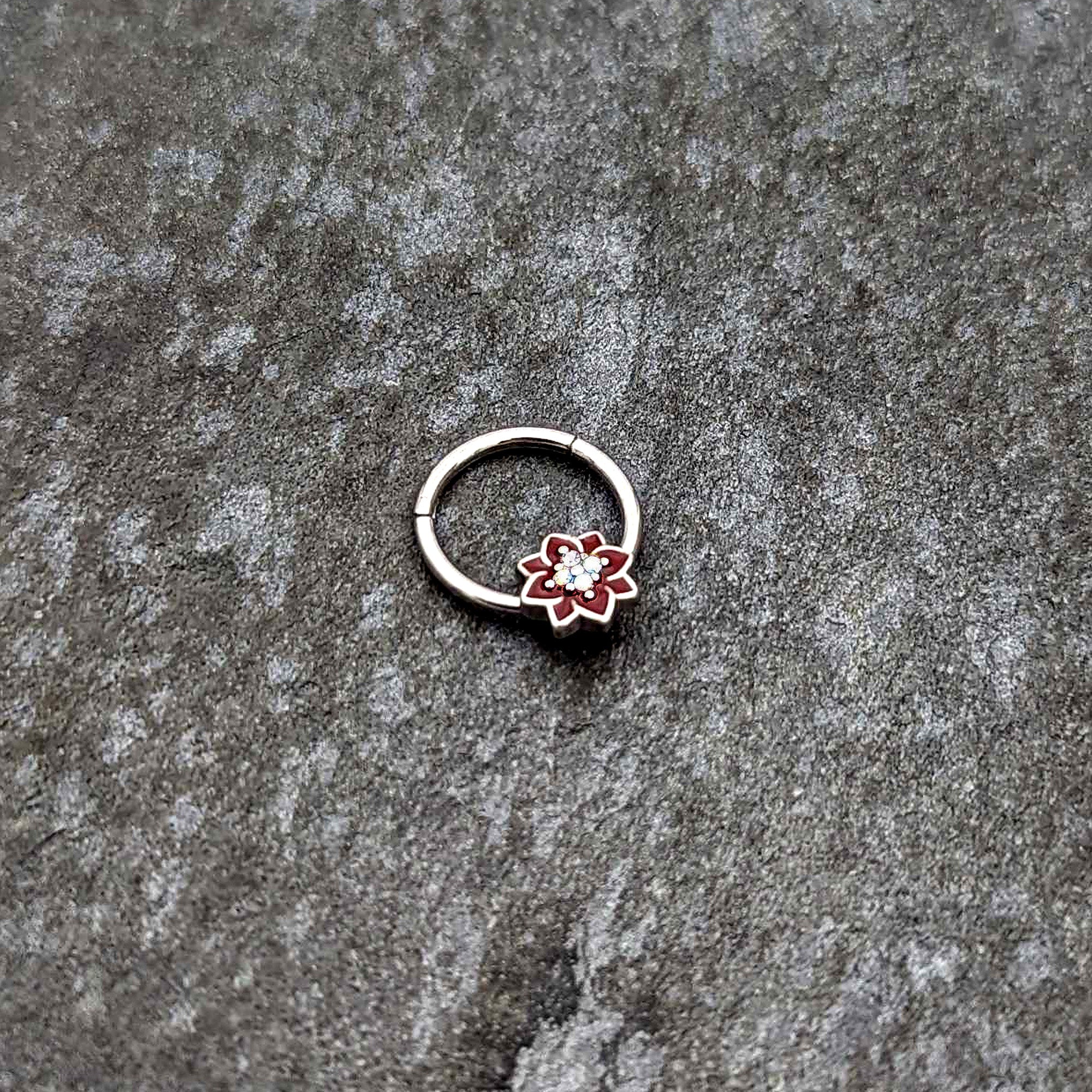 16G 3/8 Aurora Gem Poinsettia Flower Festive Hinged Segment Ring