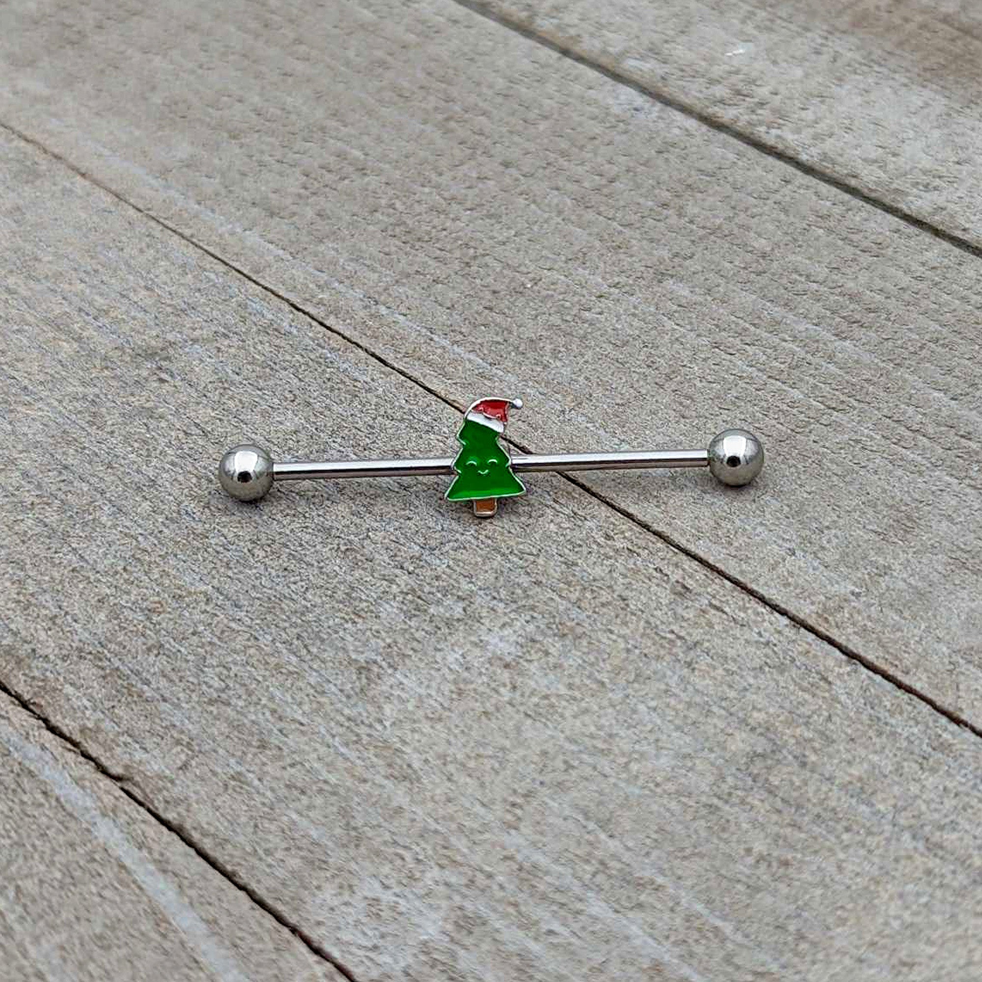 14G Happy Christmas Tree Hat Holiday Industrial Barbell 38mm