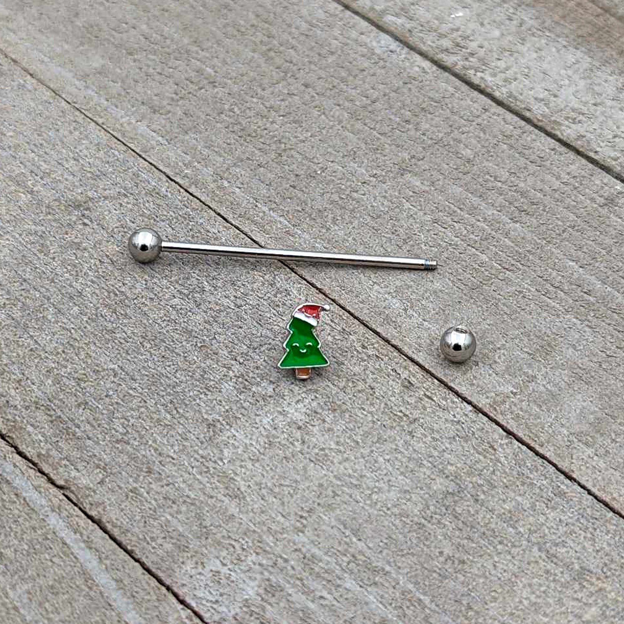 14G Happy Christmas Tree Hat Holiday Industrial Barbell 38mm