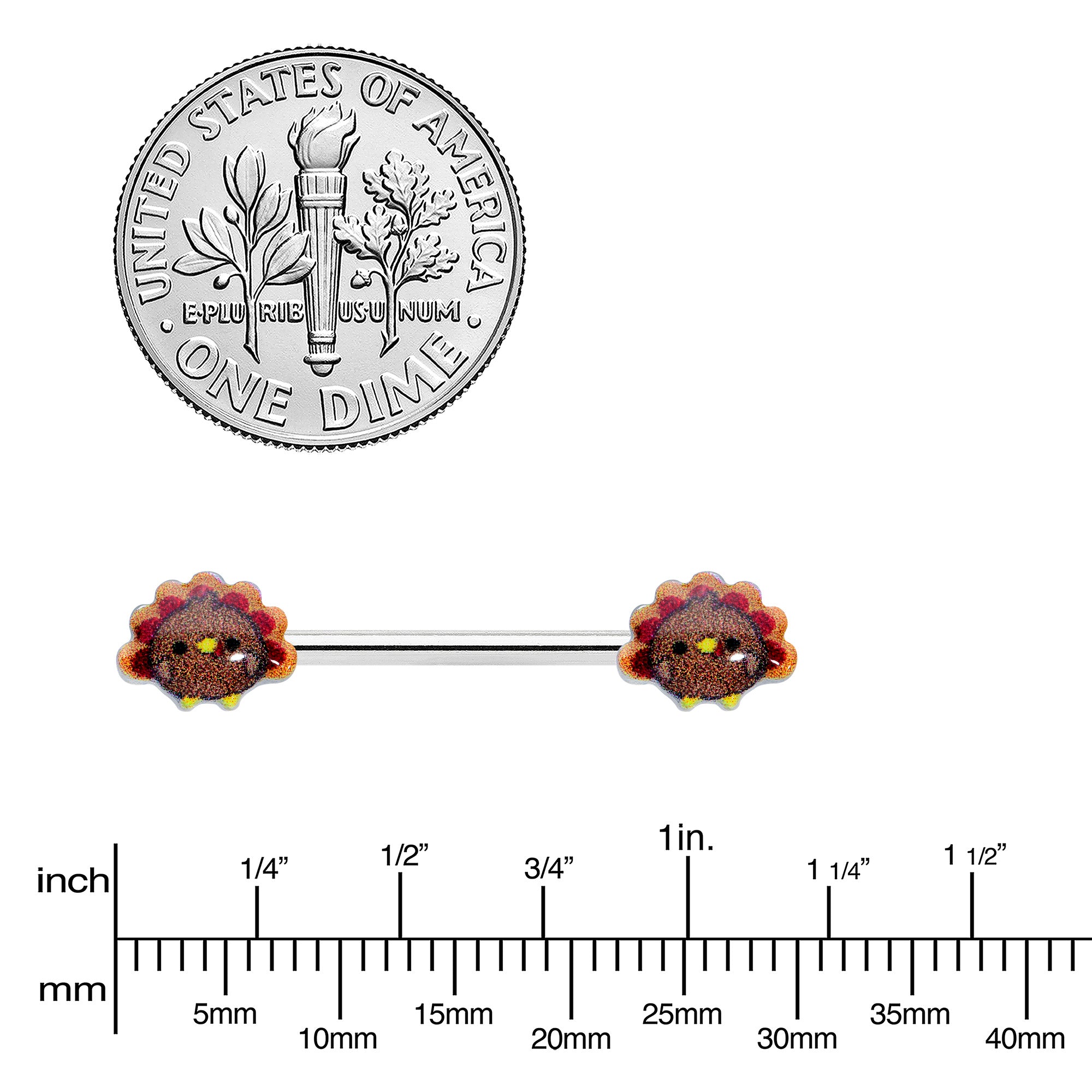 14G 9/16 Cute Colorful Turkeys Barbell Nipple Ring Set