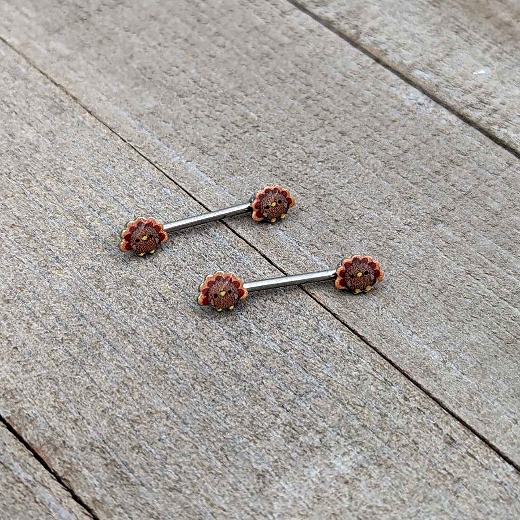 14G 9/16 Cute Colorful Turkeys Barbell Nipple Ring Set