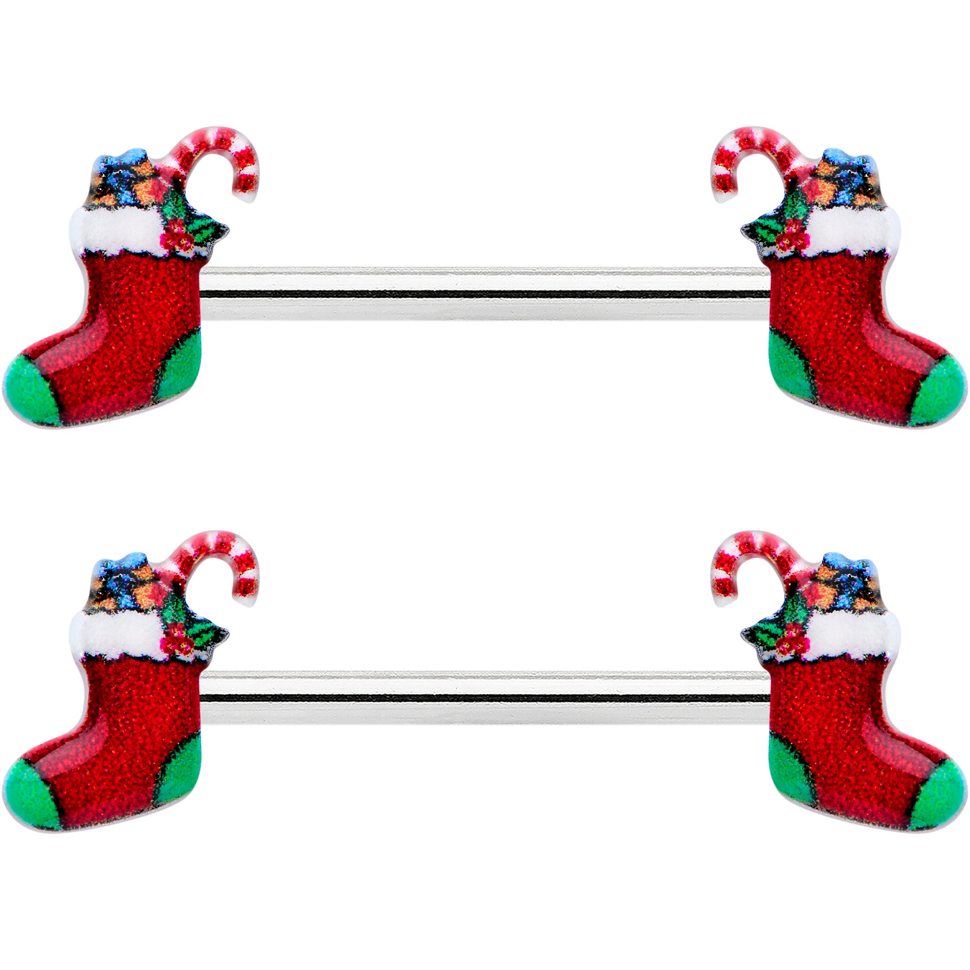 14 Gauge 9/16 Cheery Christmas Stocking Red Barbell Nipple Ring Set