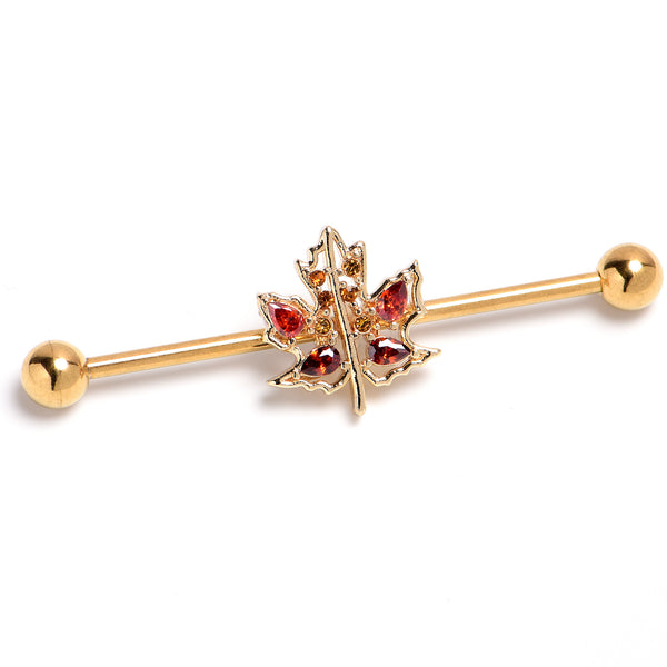 14 Gauge Red Yellow Gem Gold Tone Maple Leaf Industrial Barbell 38mm