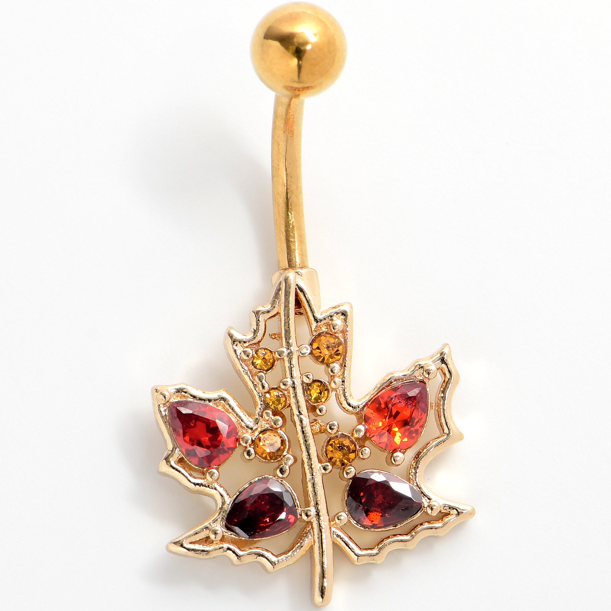 Red Yellow Gem Gold Tone Maple Leaf Autumn Belly Ring