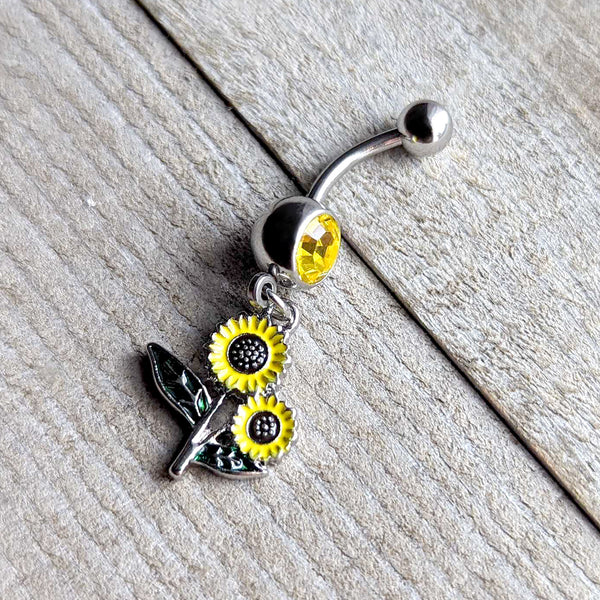 Yellow Gem Cheery Inlay Sunflowers Dangle Belly Ring
