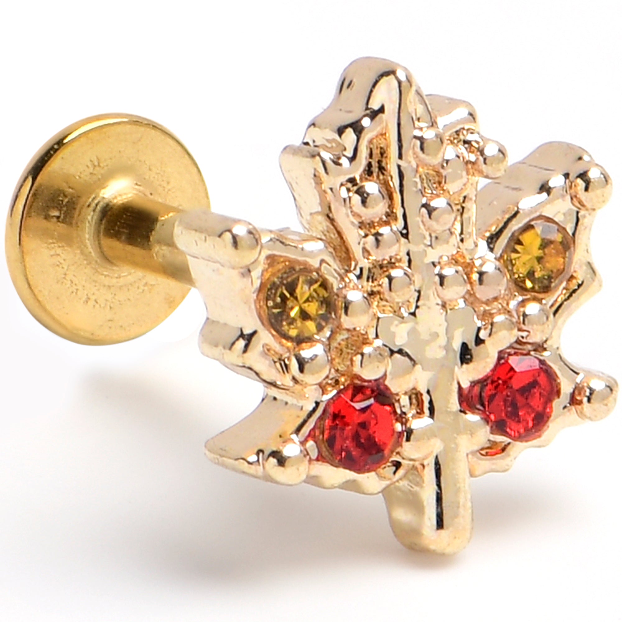 16G 1/4 Red Yellow Gem Gold Tone Maple Leaf Labret