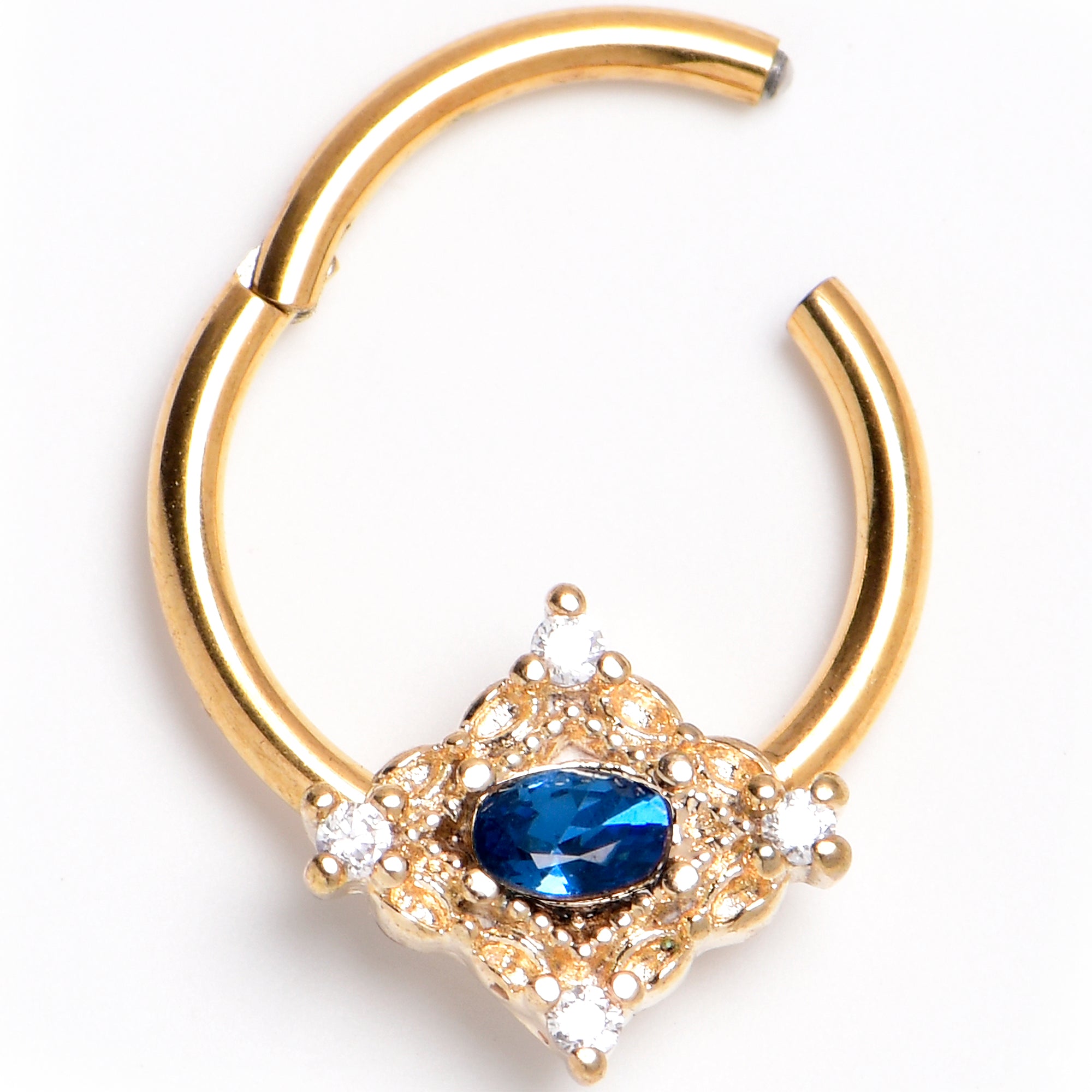 16 Gauge 3/8 Blue Gem Gold Tone Rich Rhombus Hinged Segment Ring