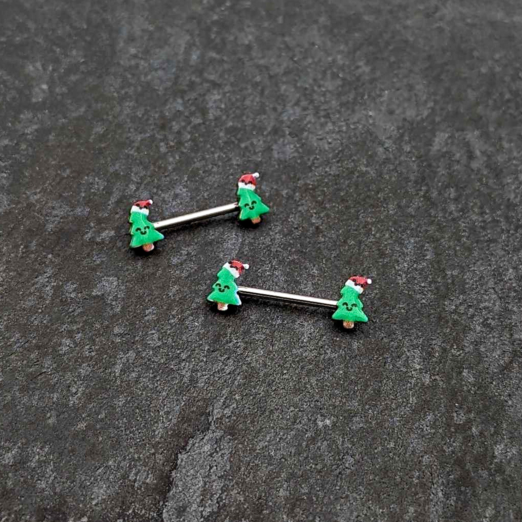 14G 9/16 Happy Christmas Tree Hat Barbell Nipple Ring Set
