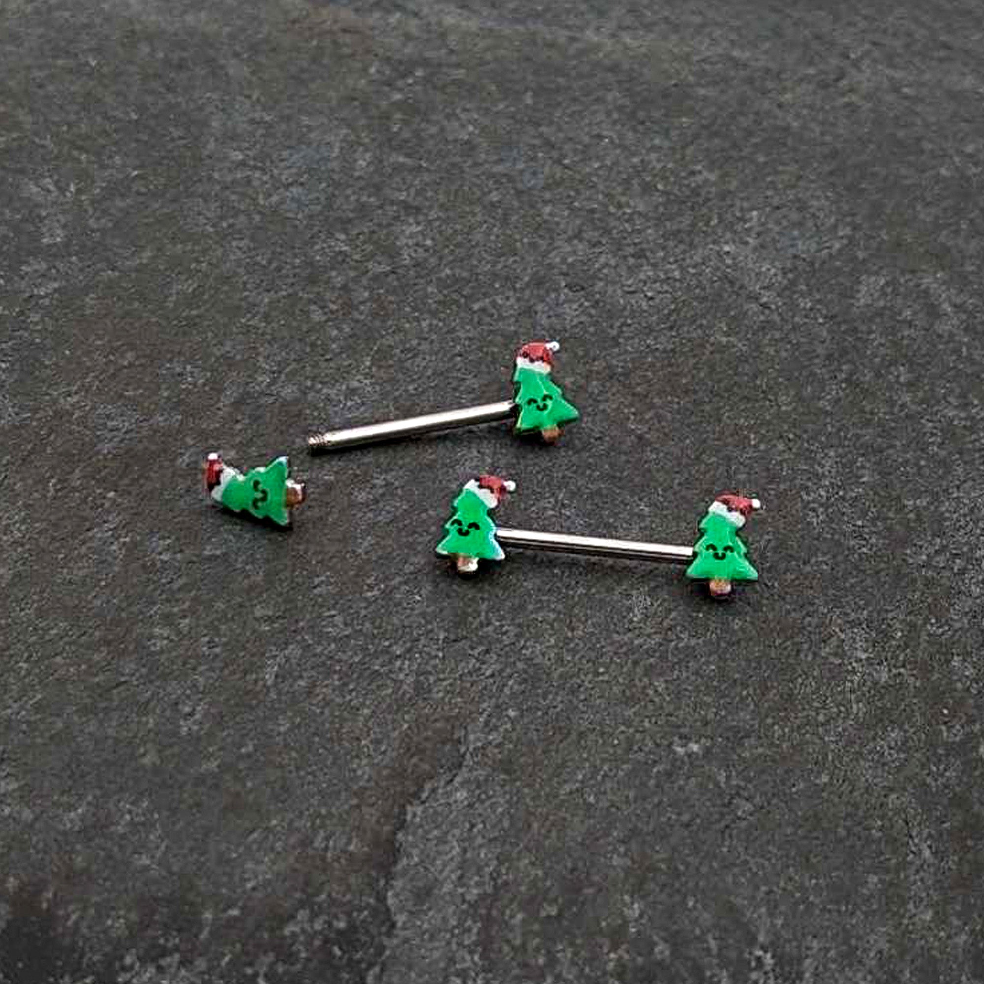 14G 9/16 Happy Christmas Tree Hat Barbell Nipple Ring Set