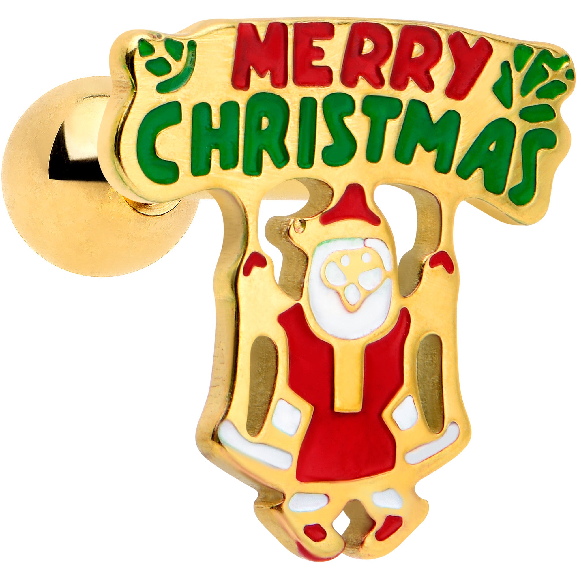 16 Gauge 1/4 Gold Tone Merry Christmas Santa Inlay Cartilage Earring
