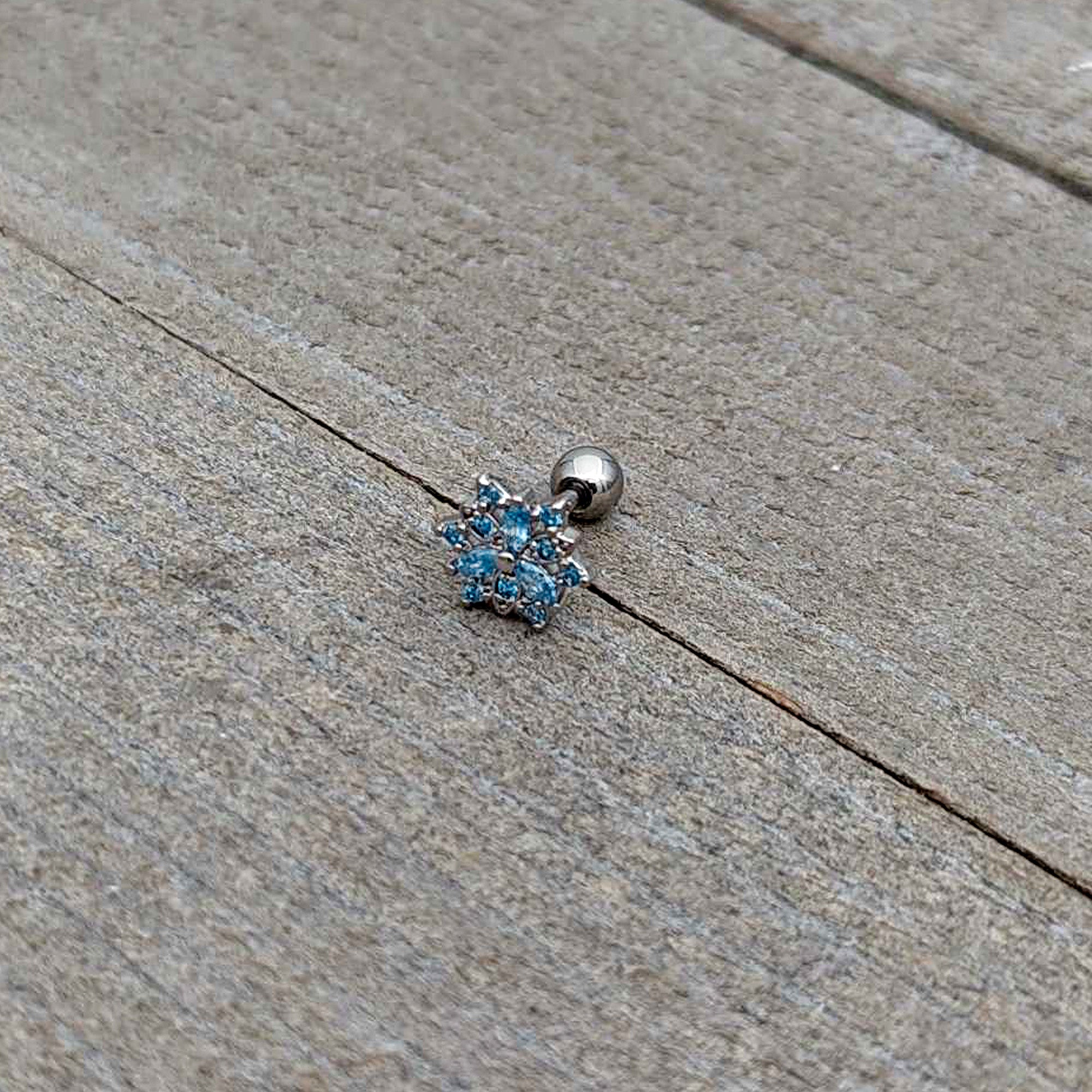 16G 1/4 Blue CZ Gem Snowflake Blues Cartilage Tragus Earring