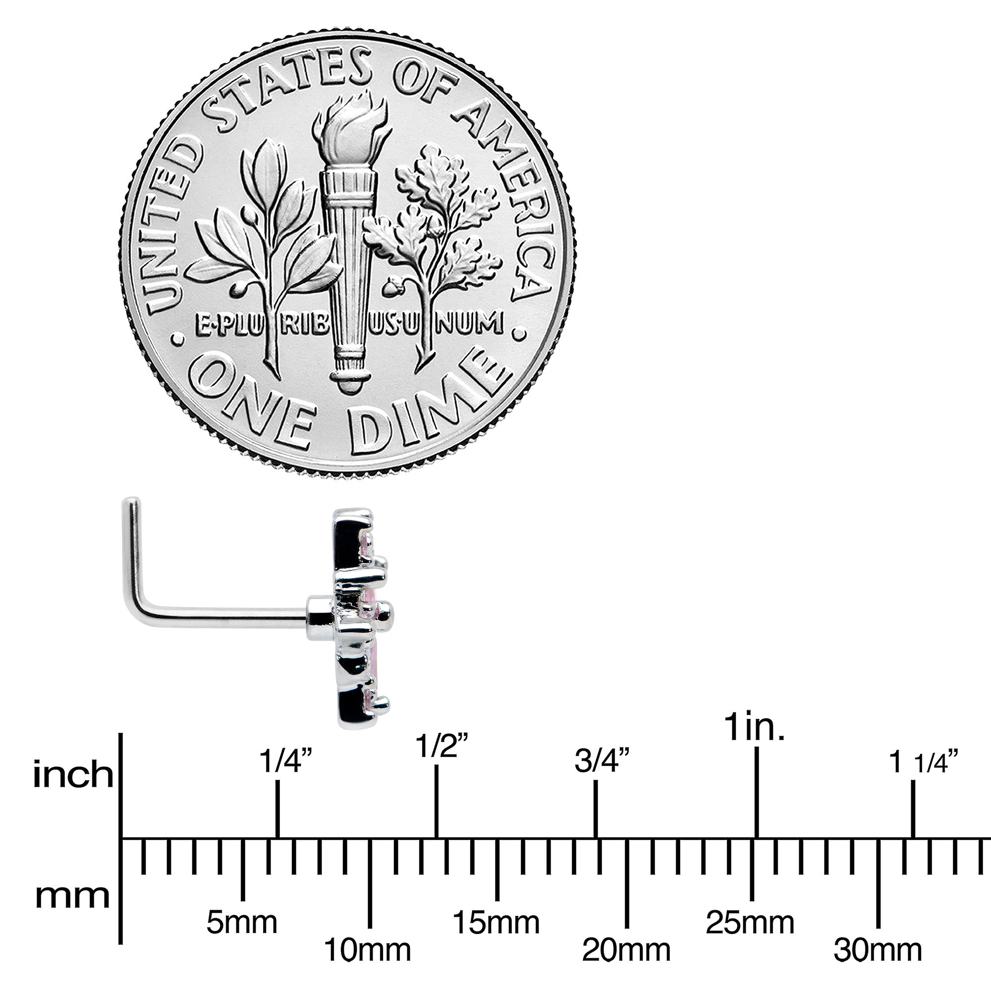 20G 7mm Pink Clear CZ Gem Snowflake L Shape Nose Ring