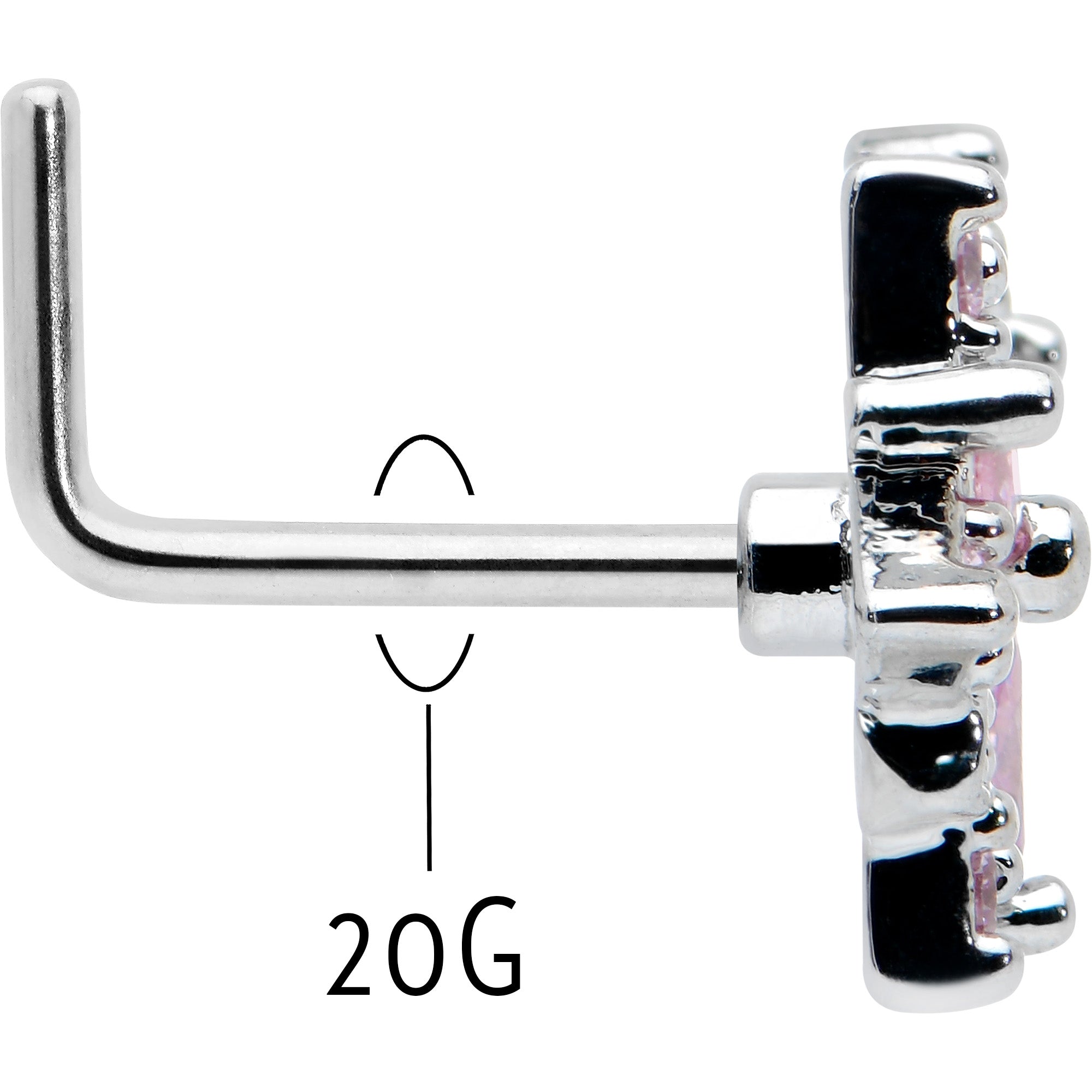 20G 7mm Pink Clear CZ Gem Snowflake L Shape Nose Ring