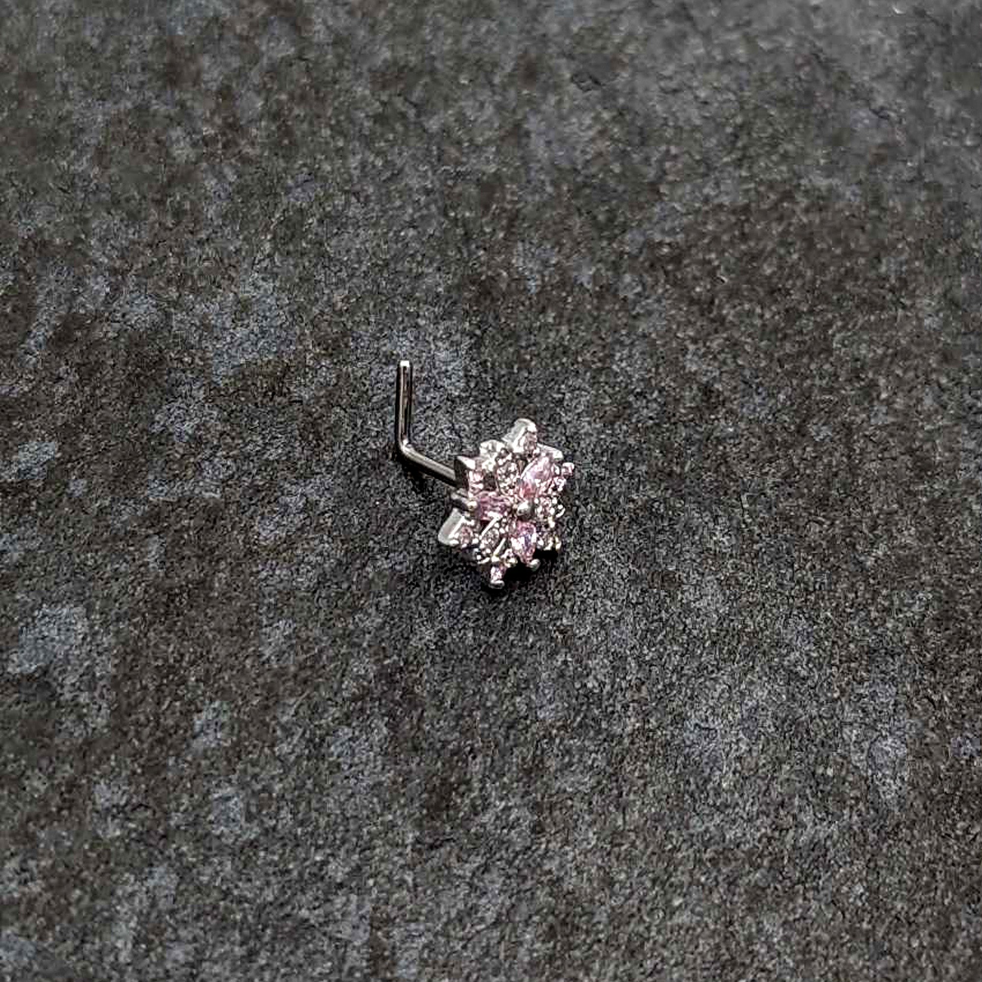 20G 7mm Pink Clear CZ Gem Snowflake L Shape Nose Ring