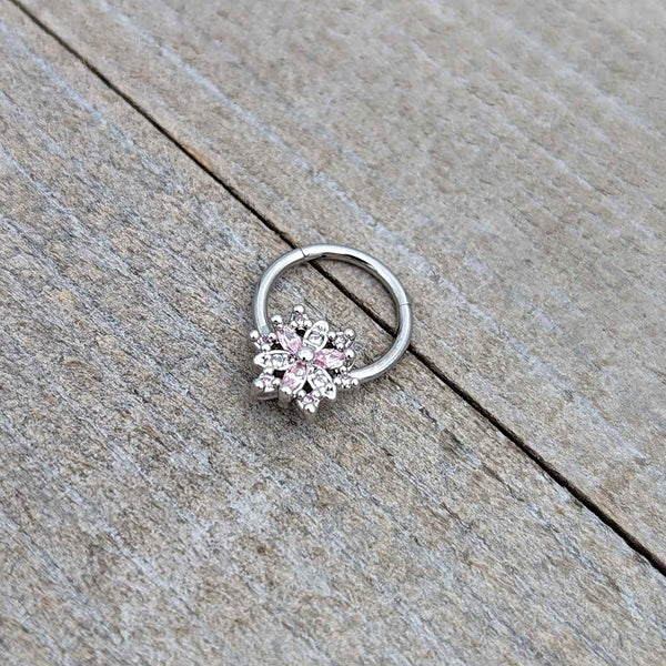 16 Gauge 3/8 Clear Pink CZ Gem Snowflake Hinged Circular Ring