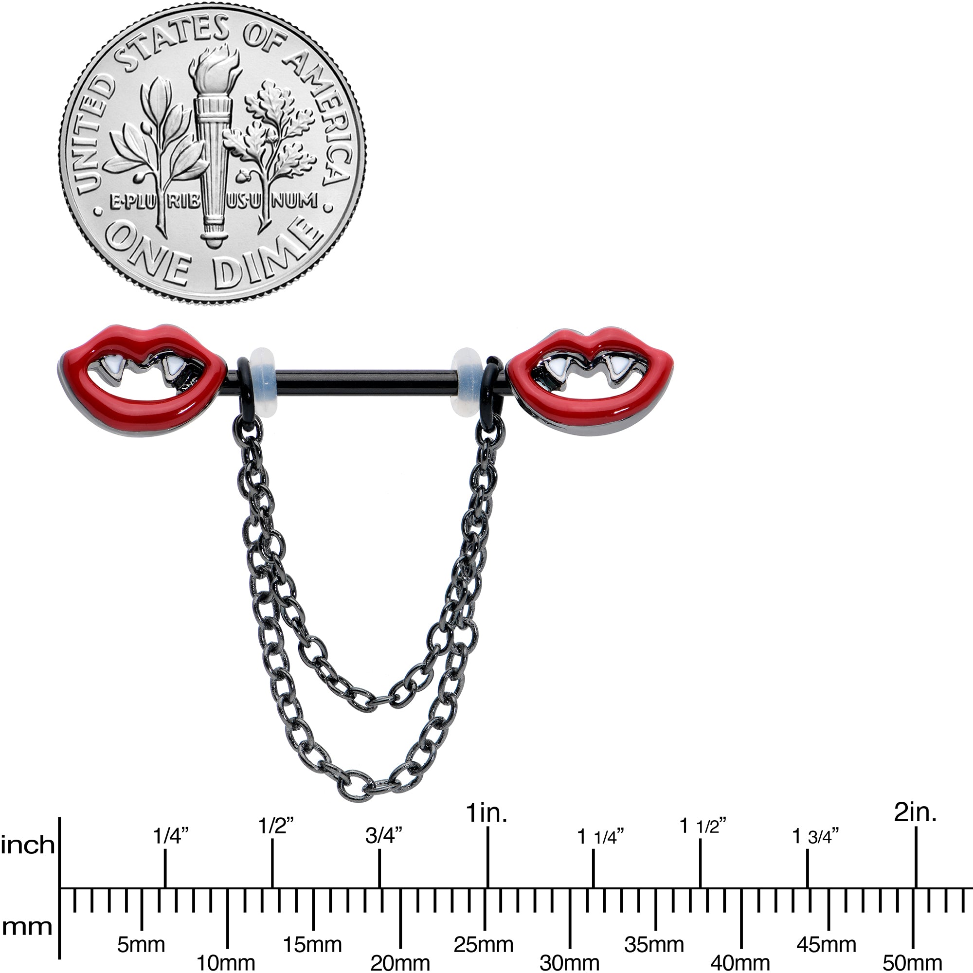 14 Gauge 11/16 Black Vampire Fangs Chain Dangle Nipple Ring Set