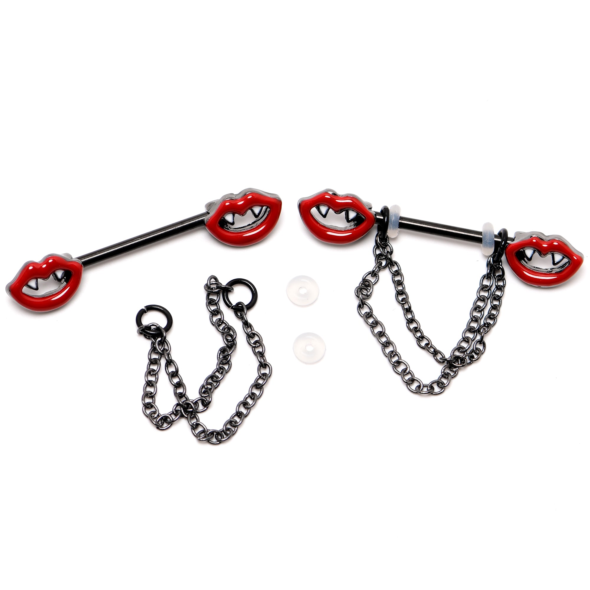 14 Gauge 11/16 Black Vampire Fangs Chain Dangle Nipple Ring Set