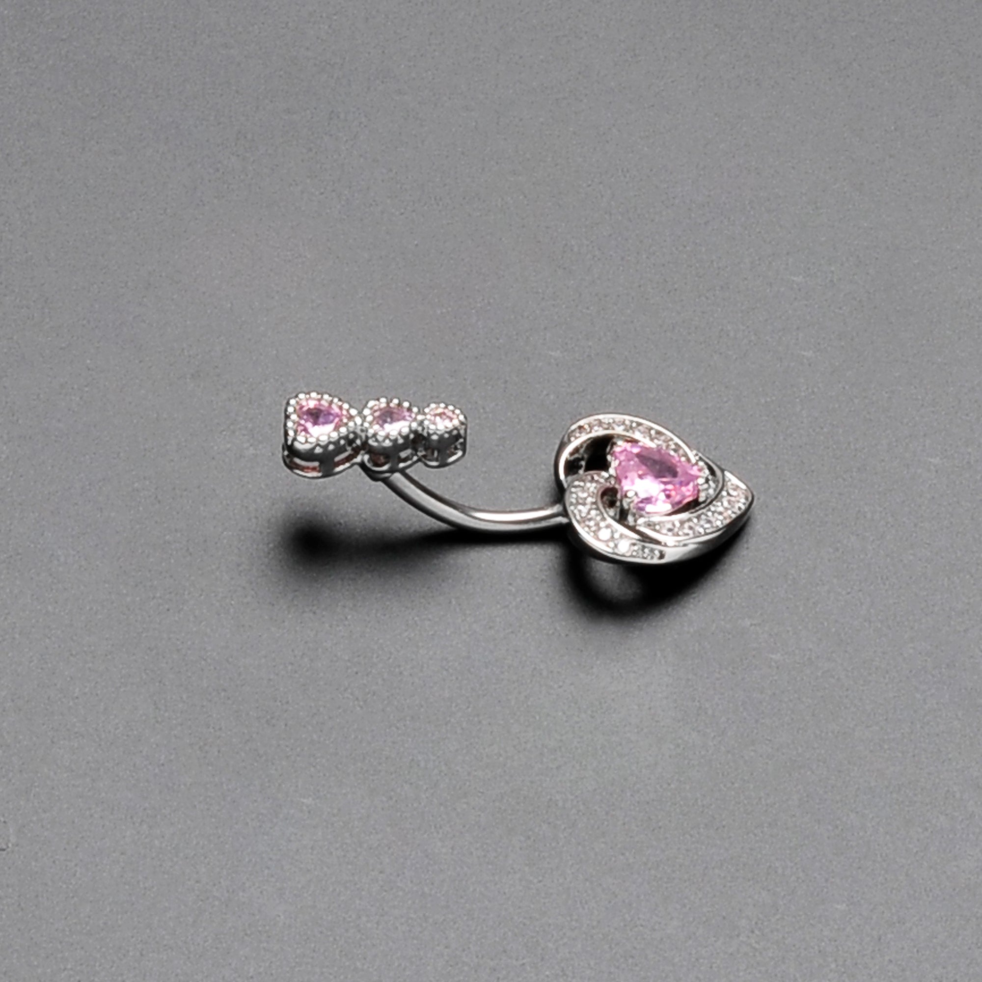 Pink CZ Gem Triple Drop Swirl Heart Valentine Double Mount Belly Ring