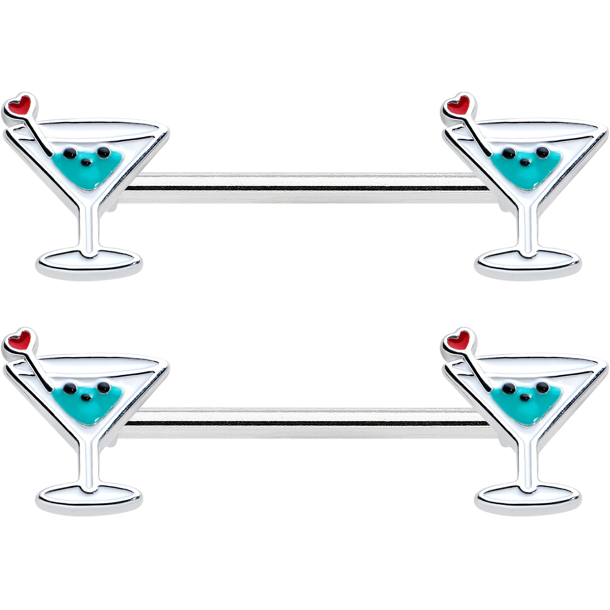 14G 9/16 Sweet Martini Glass Heart Barbell Nipple Ring Set