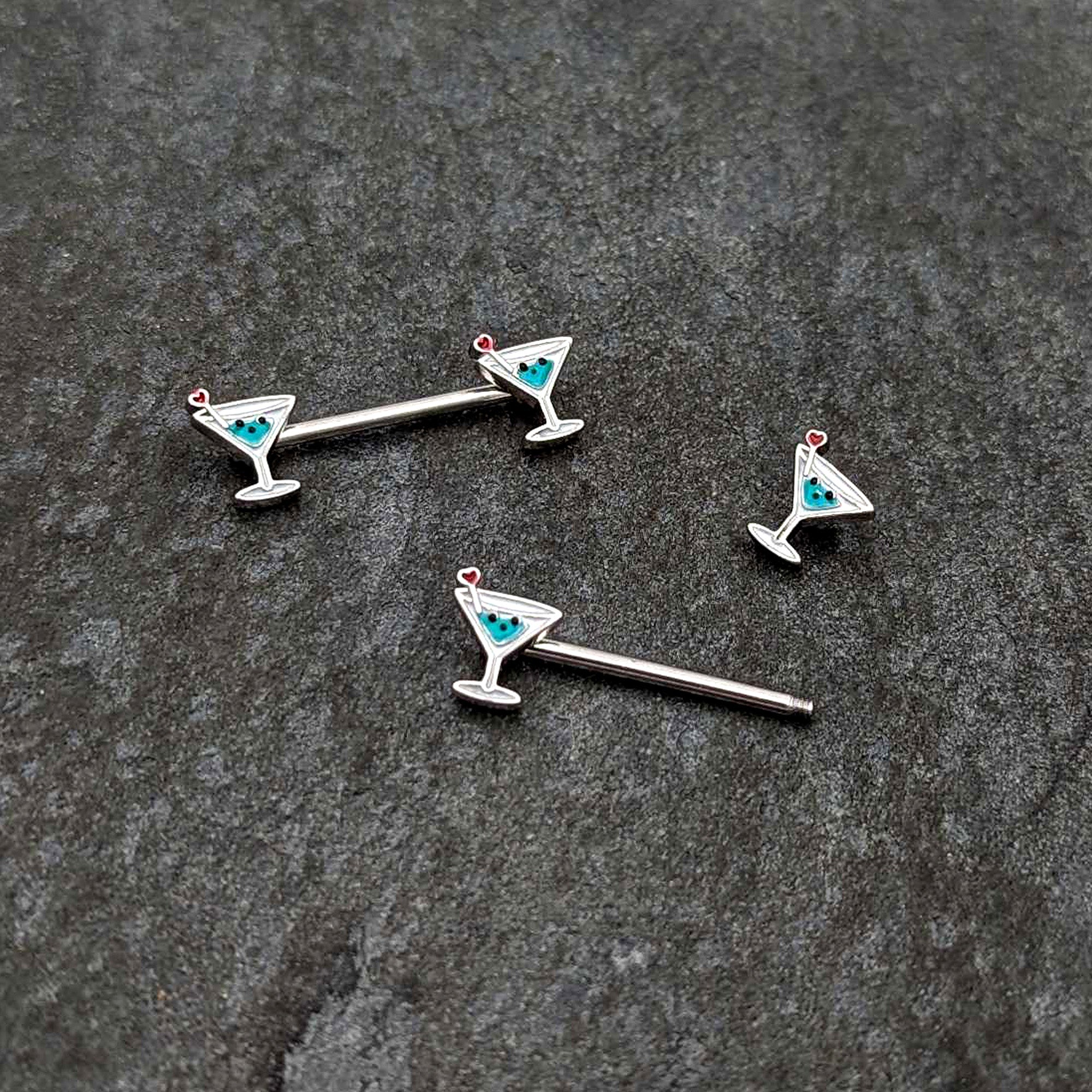14G 9/16 Sweet Martini Glass Heart Barbell Nipple Ring Set