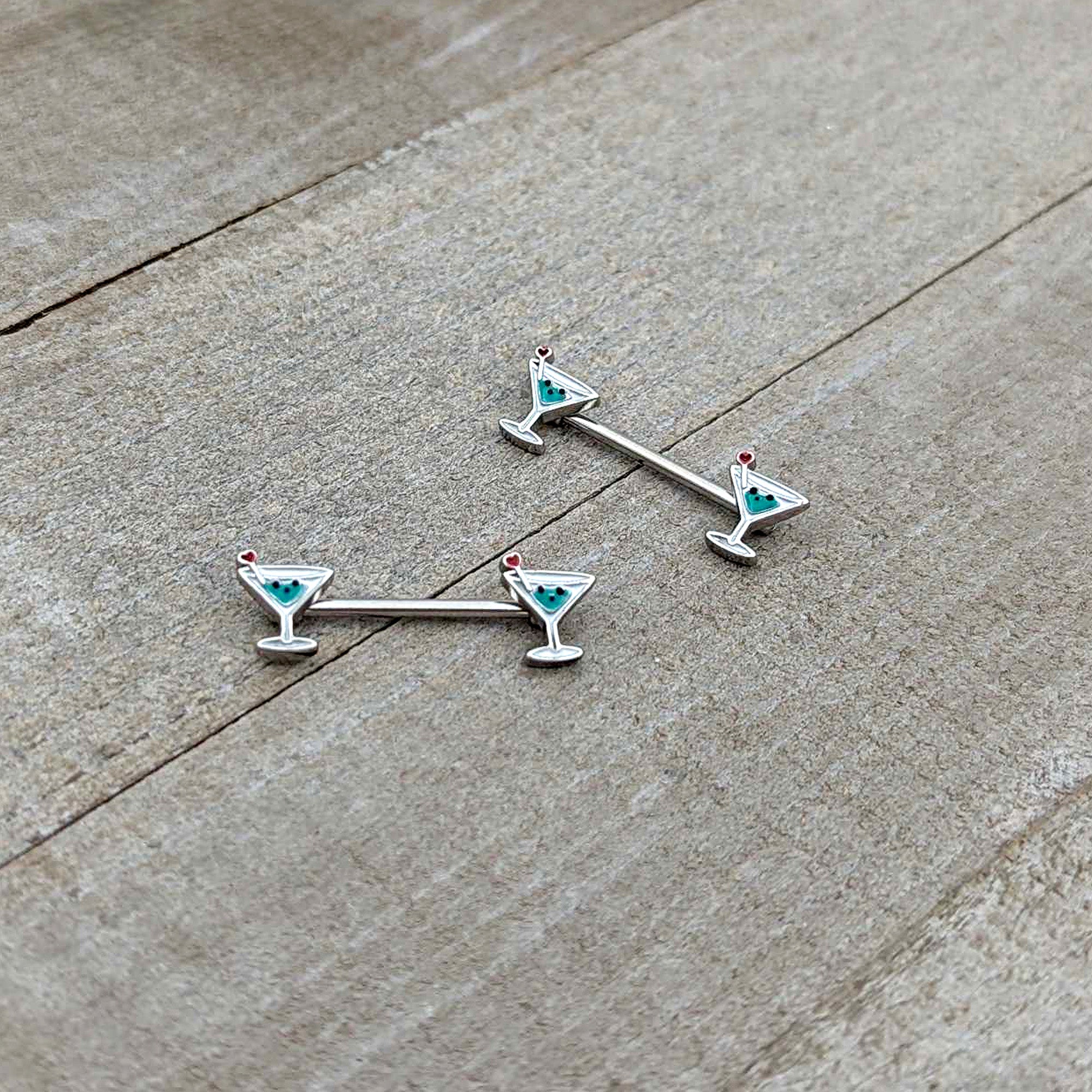 14G 9/16 Sweet Martini Glass Heart Barbell Nipple Ring Set