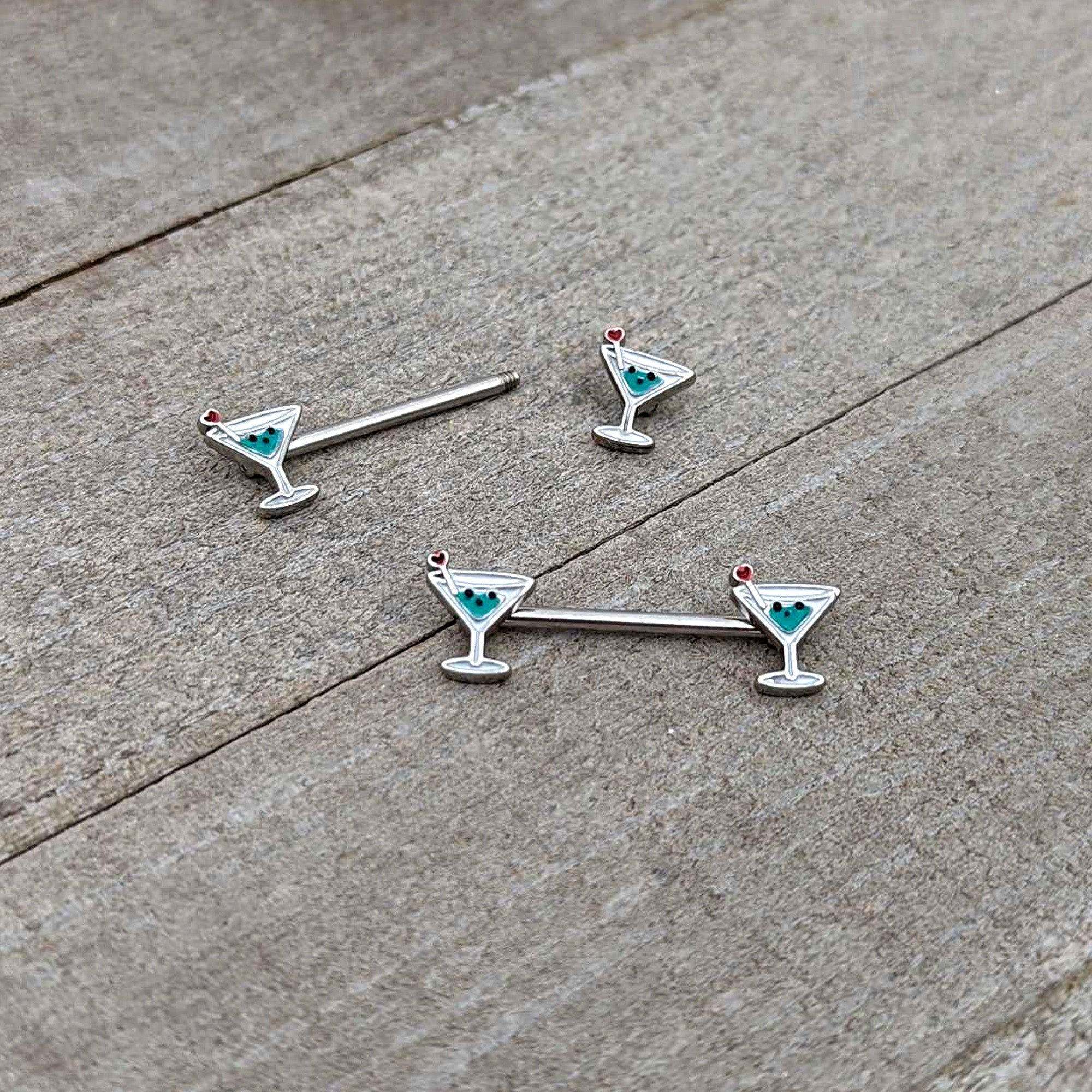 14G 9/16 Sweet Martini Glass Heart Barbell Nipple Ring Set