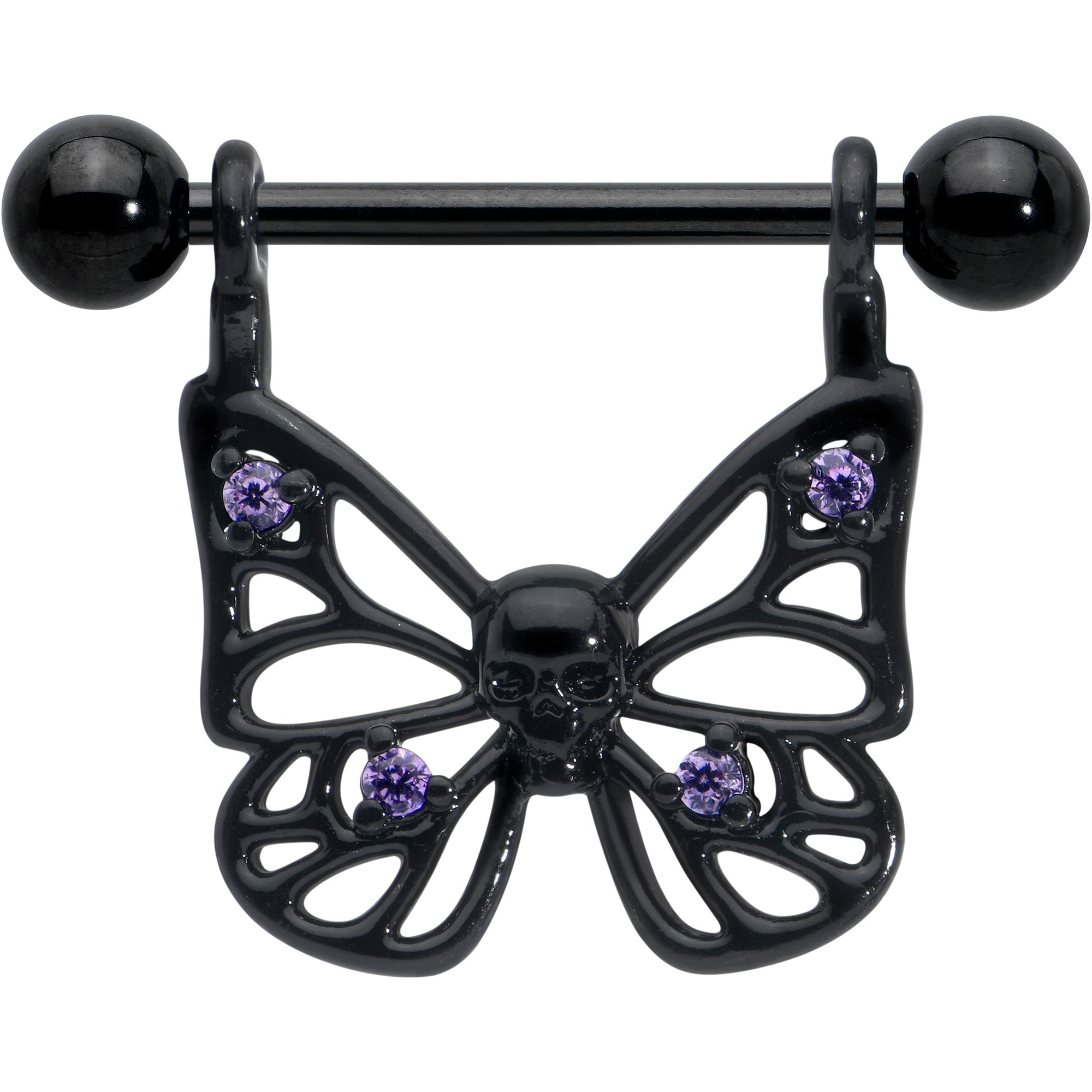14 Gauge 11/16 Purple CZ Gem Black Skull Butterfly Dangle Nipple Ring Set