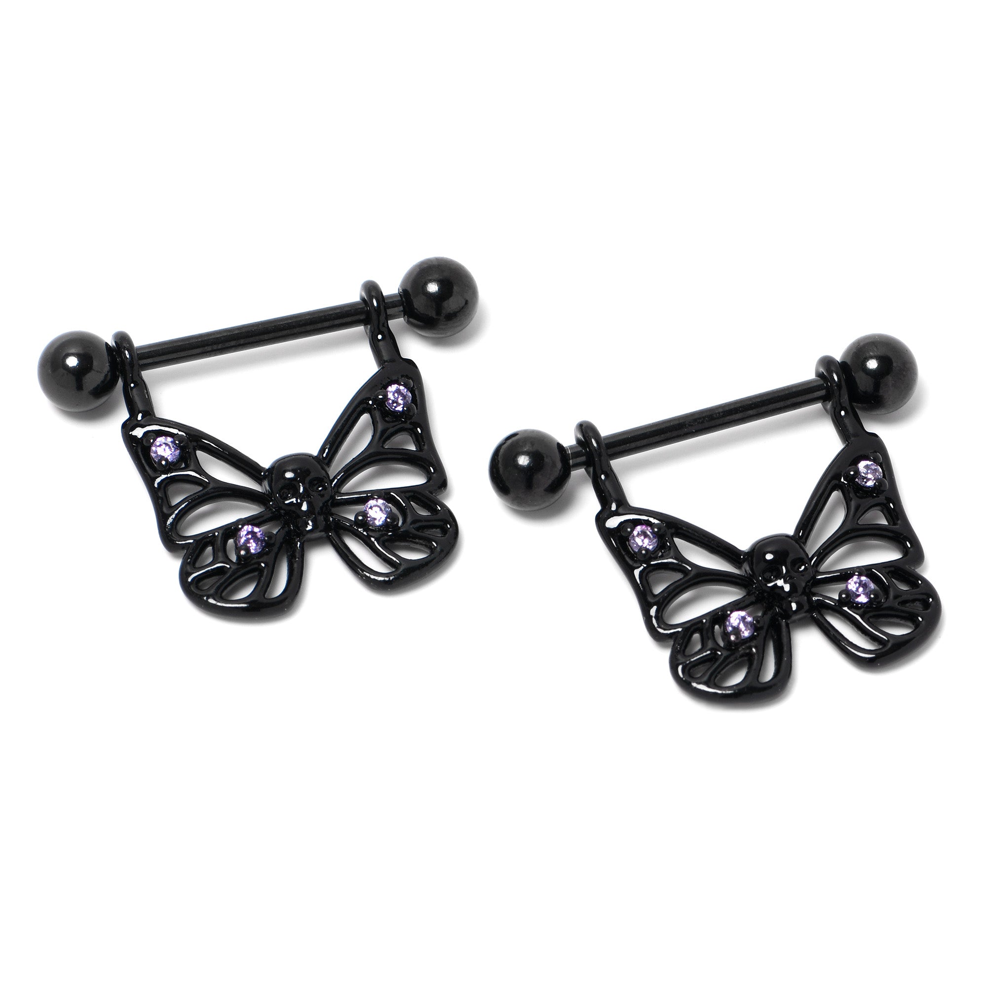 14 Gauge 11/16 Purple CZ Gem Black Skull Butterfly Dangle Nipple Ring Set