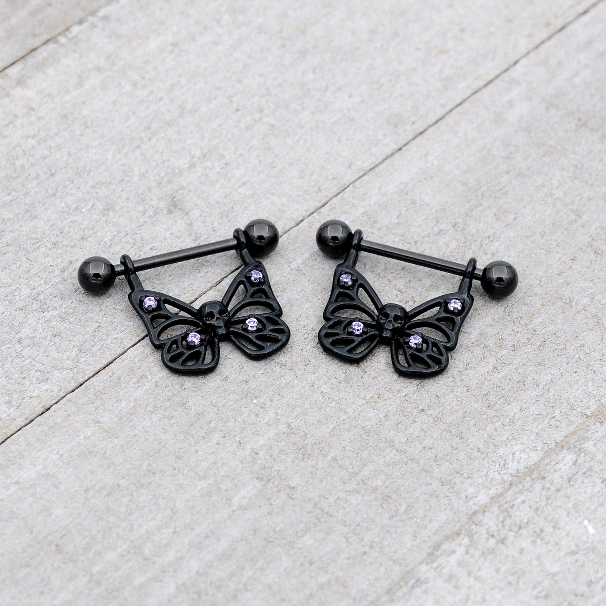 14G 11/16 Purple CZ Gem Black Skull Butterfly Dangle Nipple Ring Set