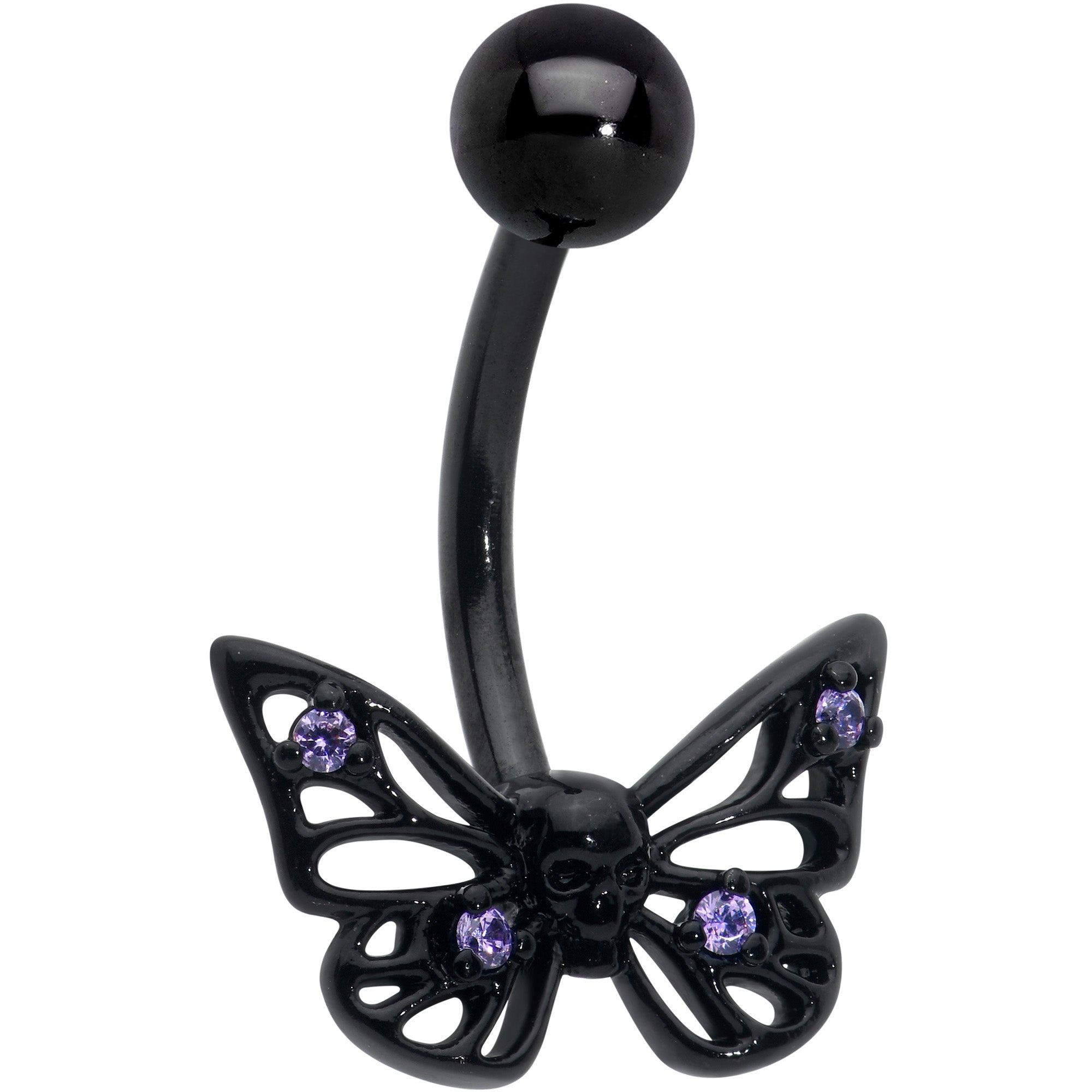 Purple CZ Gem Black Skull Butterfly Belly Ring