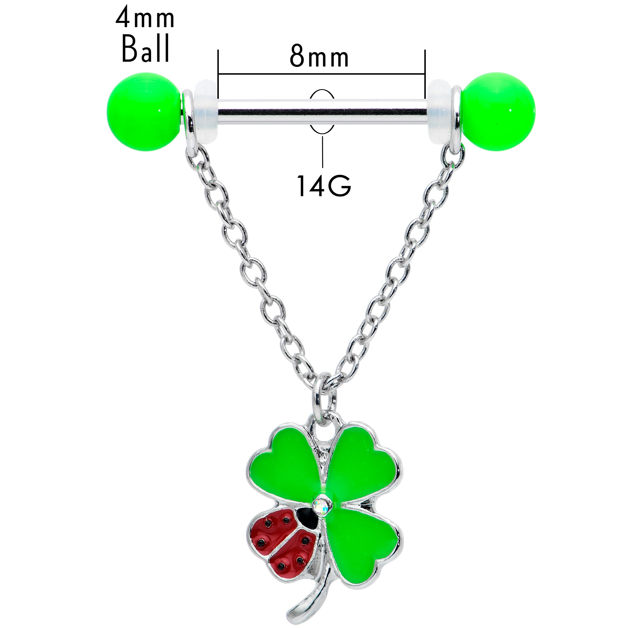 14 Gauge 11/16 Ladybug Shamrock UV Glow Chain Dangle Nipple Ring Set