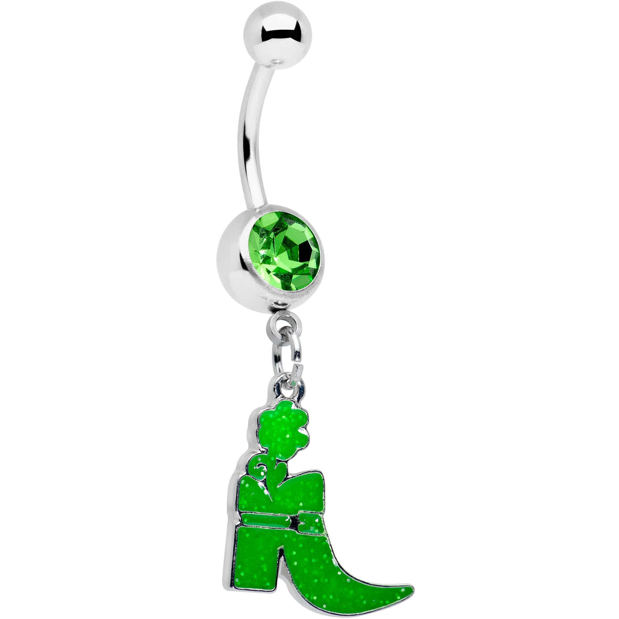 Green Gem Glow in Dark Leprechaun Boot St Patricks Dangle Belly Ring