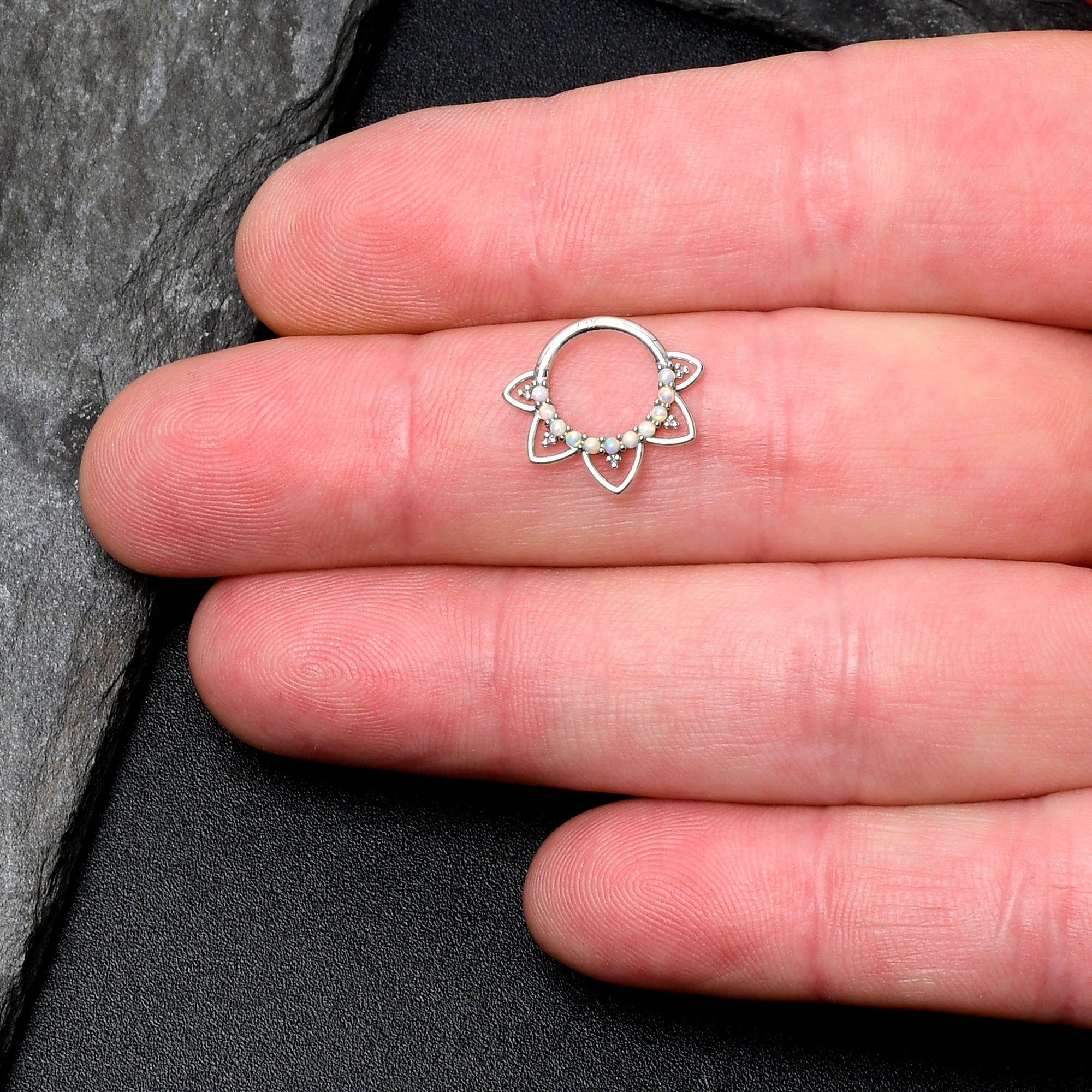 16 Gauge 5/16 White Synthetic Opal 14kt White Gold Filigree Hinged Segment Ring