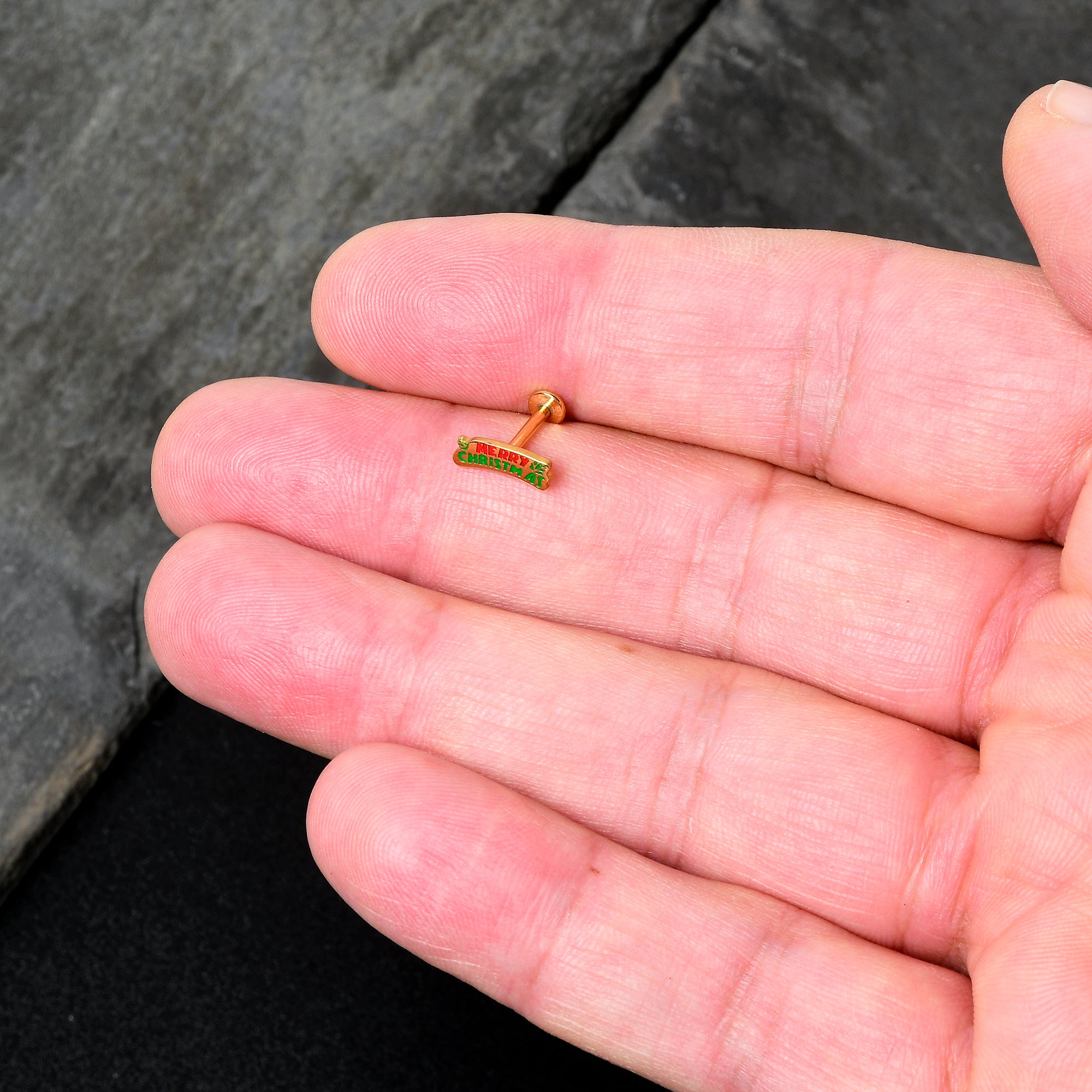 16G 5/16 Gold Tone Merry Christmas Inlaid Labret Monroe Tragus