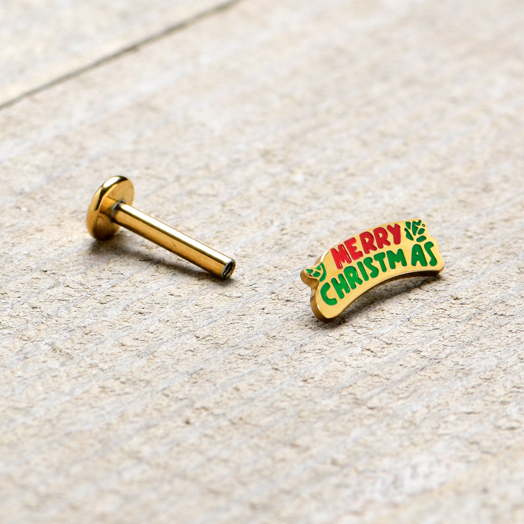 16G 5/16 Gold Tone Merry Christmas Inlaid Labret Monroe Tragus