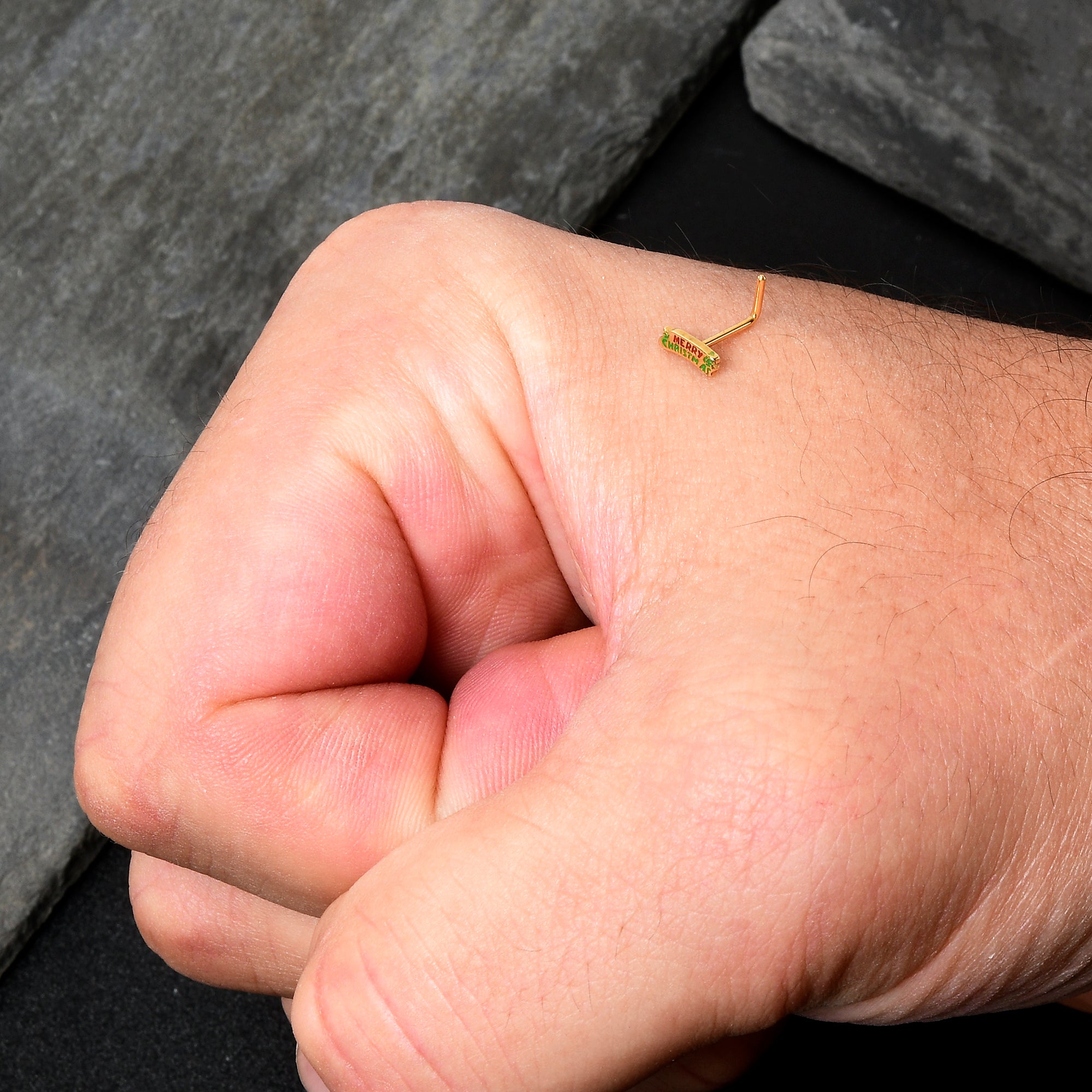 20G 7mm Gold Tone Merry Christmas Inlaid L Shape Nose Ring