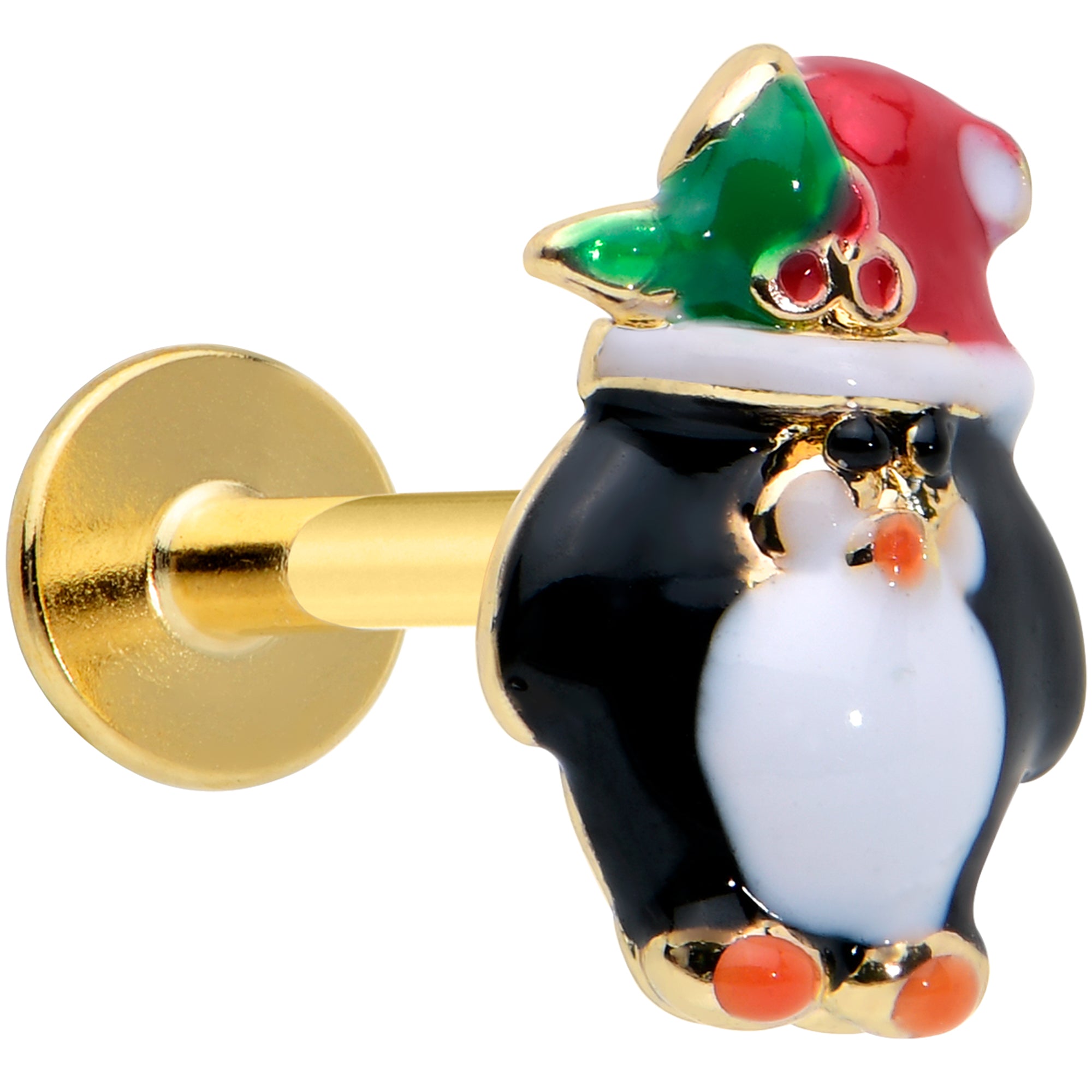 16G 5/16 Gold Tone Holly Hat Penguin Holiday Labret Monroe Tragus